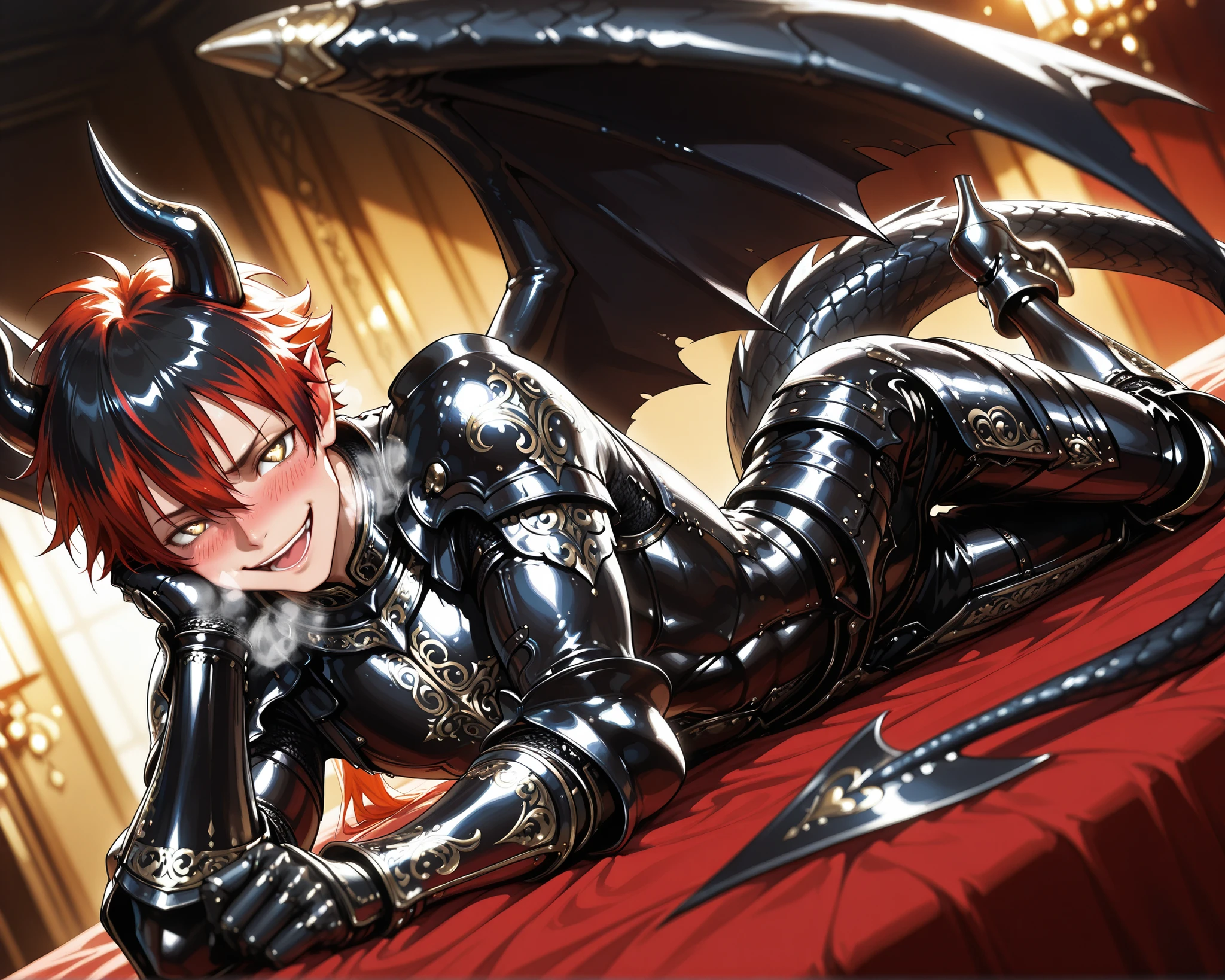 score_9, score_8_up, score_7_up, absurdres, (((128K Ultra High Resolution))), (masterpiece, best quality: 1. 5), (high definition: 1, 4), (highres), 8K wallpaper, (excellent graphics: 1. 5), CG, (((Japanese Anime style))), (1 male), (solo), (((lean body, masculine))), weredragon, glossy black, shiny black leather, (((beautiful golden eyes, finely detailed eyes, bright eyes, heart symbol eyes))), hair between eyes, black hair, long hair, sideburns, wild hair, (((sadistic smile, naughty face, open mouth))), ((ultra detailed face)), (((blushing, heavy breathing))), shiny skin, long pointy ears, twisted torso, long-legged, sculpted face, wasp waist, dragon horn, dragon tail, dragon wings, dragon sharp claws, (black armor with a lot of grandiose decorations: 1. 5), half dragon half human, (on a luxurious bed, lying in bed, bed waiting for you: 1. 5), (looking straight into the camera, dutch angle, dynamic pose: 1. 5), (ultra detailed black armor, well-polished black armor: 1. 5), (gold-adorned armor: 1. 5), all black outfit, full body, sharp focus, good-looking man, (best illustration, highly detailed artwork: 1. 5), dramatic lighting, (intricate detail, extreme detailed, super detailed: 1. 5), (stark contrast, heavy shadows: 1. 3), ((detailed black decorations)), beautiful & aesthetic, photoreal, (from side), (mysteriously crafted black metal armor: 1. 5), thick & luxuriant hair, (ultra detailed fantasy black armor, wonderful black armor: 1. 5), (realistic metal texture), broad shoulder, true-to-life visuals, artistically refined, (extremely delicate & beautiful armor, elaborate armor details: 1. 5), (giant black armor, dark armor, stylized armor: 1, 5), (((armor-type high heels))), (extremely detailed armor with intricate engravings, intricate armor with gold ornaments: 1. 5), ((very gorgeous and dazzling)), (dark fantasy black knight: 1. 5), slim waistlines, wide chested, sinewy body, (Hyper Detailed & Perfectly Designed Black Armor: 1. 5), (luxury bedroom)