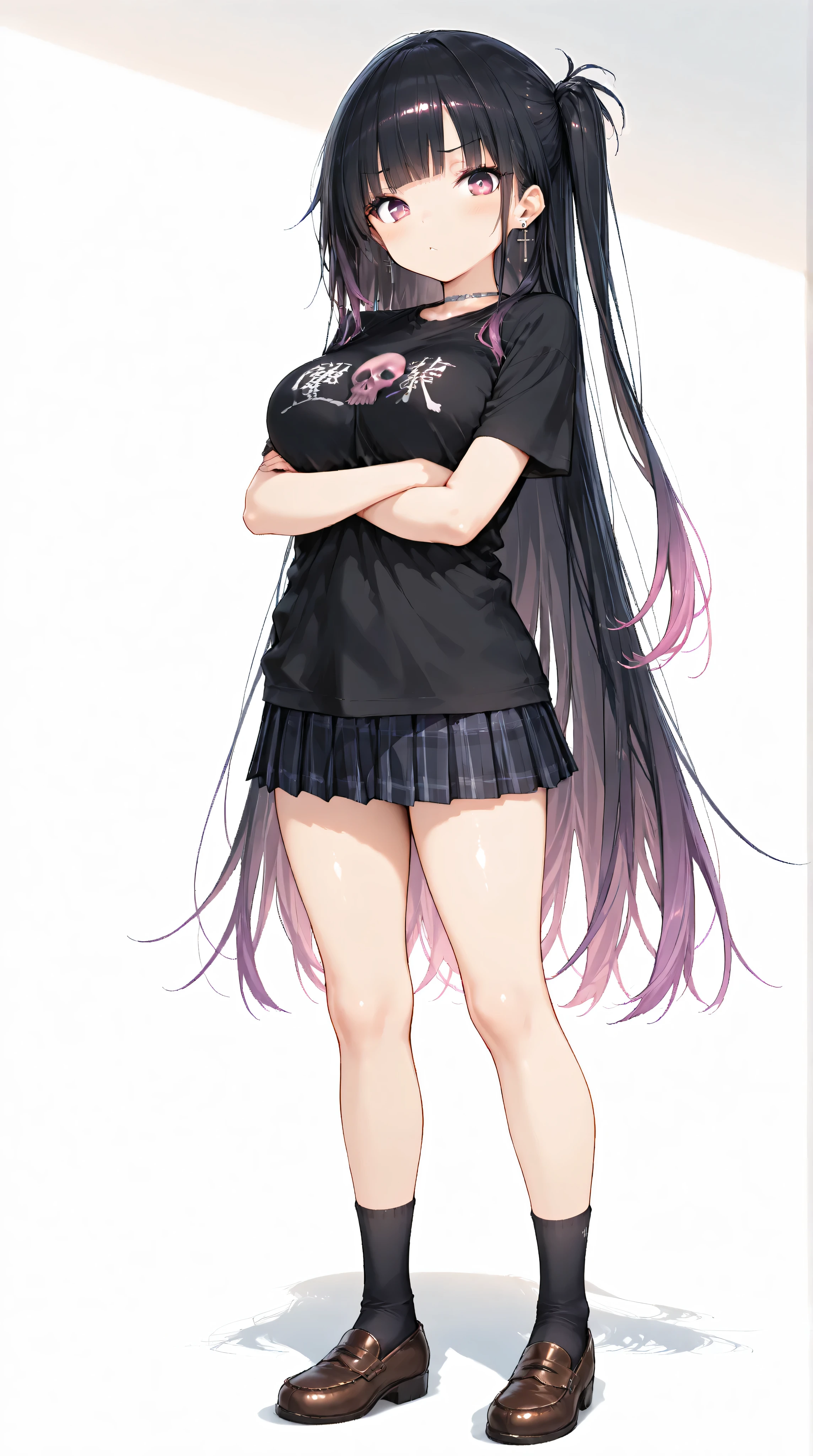 Shiny skin, Babe, character, mikage.
masterpiece, best quality, ultra detailed, high resolution, 8k, caustics, dynamic lighting, elaborate eye depiction, beautiful detailed eyes, a cute anime girl.
# body
slender figure, very slim waist, medium-large , soft curves, elegant posture.
# expression
displeased expression, blushig cheeks, face slightly turned away, eyes looking toward viewer.
# hair
black hair, black to pink-purple gradient tips hair, very long loose hair, straight bangs, silky texture, side tail on the left side tied with two pink beads, flowing strands around shoulders.
# eyes
purple eyes, very sharp eyes, large eyes, long eyelashes.
# outfit
black T-shirt, long T-shirt, T-shirt covering the upper part of the skirt, a pink skull design as a single accent on the T-shirt soft drape around the , subtle loose fit silhouette, brown loafer.
dark navy pleated skirt, plain color with natural folds.
30 denier sheer black tights.
cross earrings, thin silver choker, small earrings.
# pose
model-like standing pose, (arms crossed under :1.2), good posture, head turned aside with eyes glancing toward viewer.
# background
white background
# composition
full body, three quarter view.
# outline
fine line art, delicate line drawing, thin outlines, clean outlines, minimal noise.