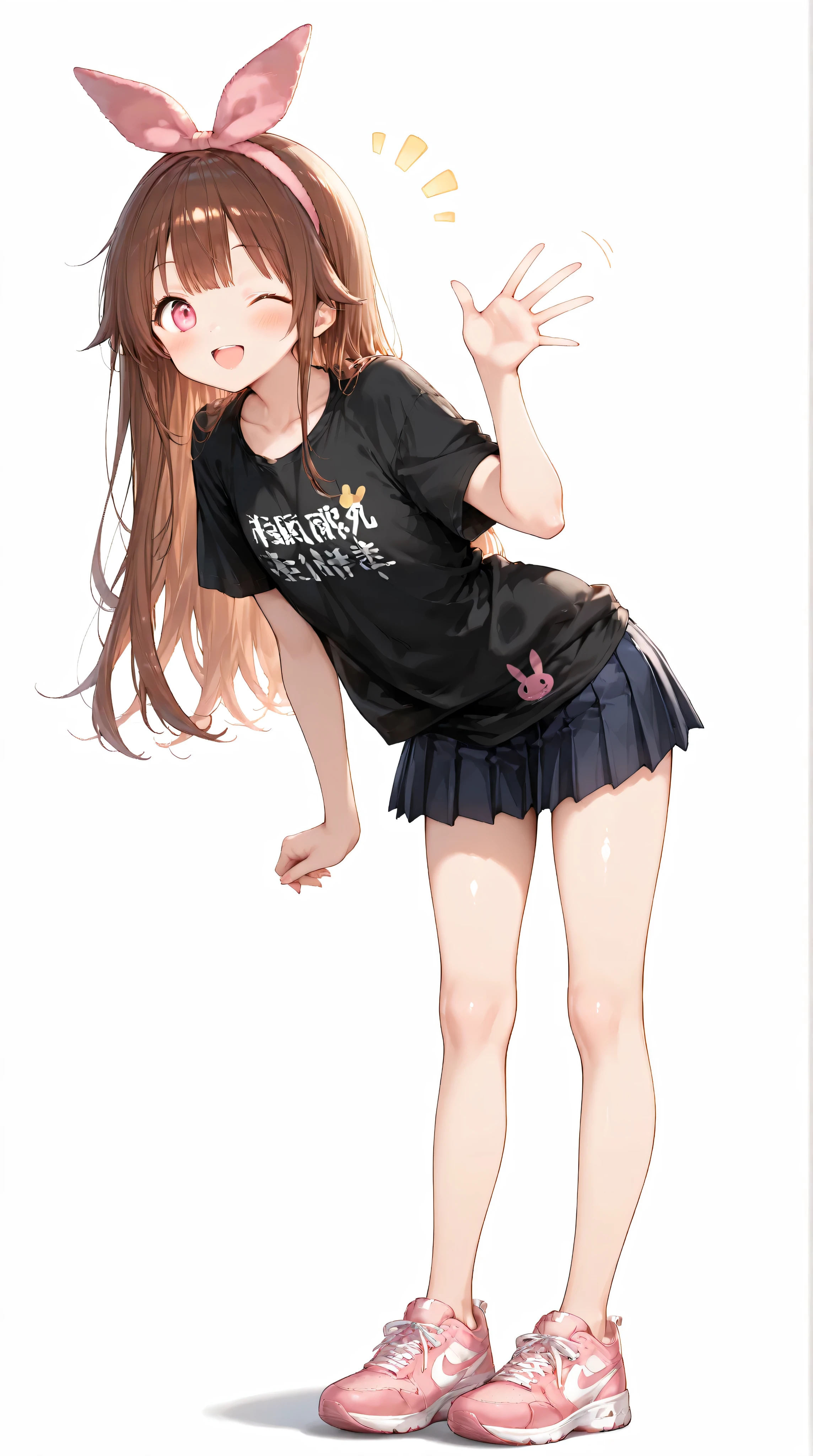Shiny skin, Babe, character, meroko.
masterpiece, best quality, ultra detailed, high resolution, 8k, anime style, dynamic lighting, elaborate eye depiction, beautiful detailed eyes, a cute anime girl.
# hair
chestnut brown hair, wavy long hair reaching shoulder blades, hair down, natural loose waves, pink bunny ear headband.
# eyes
pink eyes, large eyes, soft gaze, closeup, luisap, eyes.
# body
very flat chest, skinny figure, slim waist, beautiful legs, long legs.
good posture, cheerful pose.
# outfit
oversized T-shirt, black T-shirt, collarbone, T-shirt covering the upper part of upper skirt, a mini rabbit design as a single accent on the T-shirt soft drape around the hips, subtle loose fit silhouette.
dark navy pleated skirt, plain color with natural folds, pink sneakers.
cheerful expression, open mouth smile, wink, soft blush.
# composition
full body, standing pose, waving one hand, lookng at viewer.
white background.
# outline
fine line art, delicate line drawing, thin outlines, clean outlines, minimal noise.