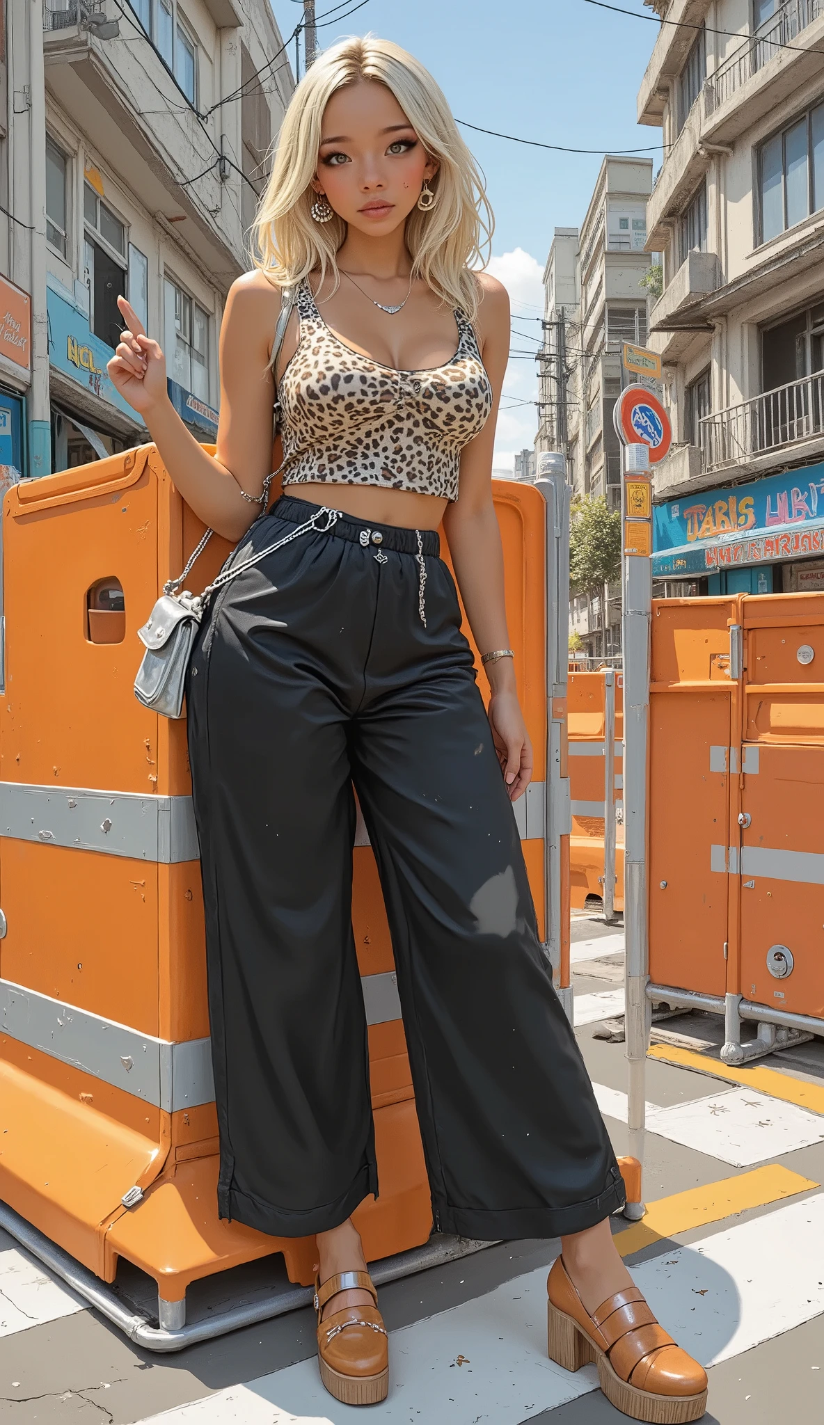 a young woman is standing at a city intersection looking confident, she's extending her right arm and thumbs up. she's adding a leopard print sleeveless top and、are wearing loose black pants secured with studded belts. Her outfit is、necklace superimposed on this setting and、and is adorned with a shiny silver bag over the shoulder. wooden platform shoes peeking out from under her wide-leg pants.
Her posture is relaxed, they lean slightly against a bright orange car stop with white reflective stripes, It contrasts with the pedestrian crossing markings. This scene is a composition rendered in the style of, sunlight casts a clear shadow, The delicate necklace is visible from the neckline. In the background, tall city buildings and colorful murals that line the barricades under construction、alludes to an urban environment, may be under development, To this setting、rough, vibrant context.