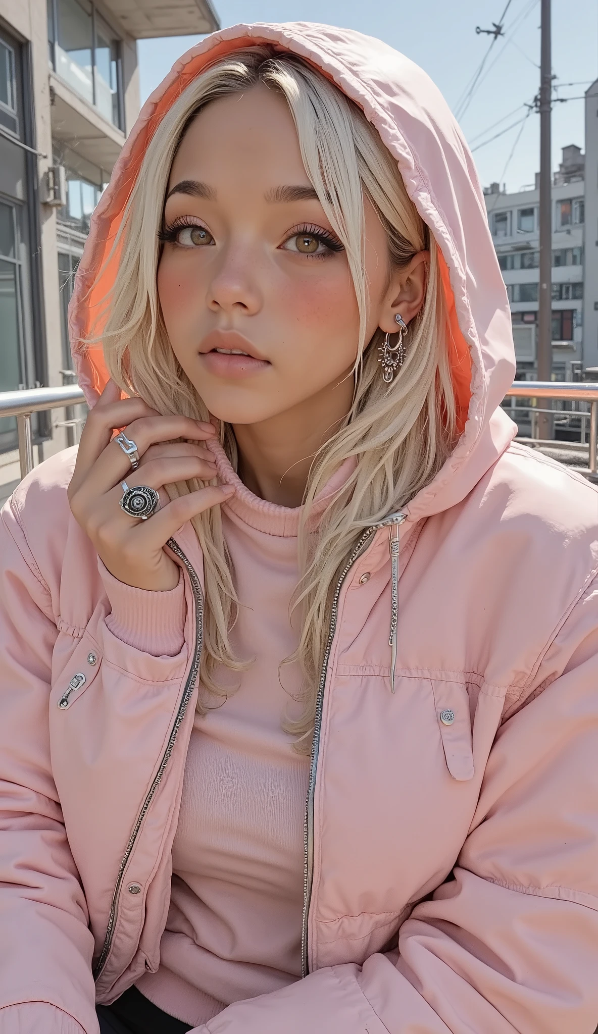 Closeup outdoors The person is partially captured in the shot, is wearing a puffy pink jacket and hoodie with a hood drawn overhead. ジャケットの柔らかなピンク色teeth、It is enhanced by the warm pink shade of the hoodie, creates a cozy space,  layered look . Blonde hair、peek out against a clear blue sky from under the hood, Seems to capture light in a way that emphasizes its softness. In her hands, I can see the two rings。Wide, metallic hoodie and an even more intricate chain link ring creates a unique style. 背景にteeth近代建築の要素がありますおしゃれな, Metallic lines, （おそらく都市的な洗練さを感じさせる建物またteeth建造物, teeth、Clear Day. casual and relaxed, ）.
