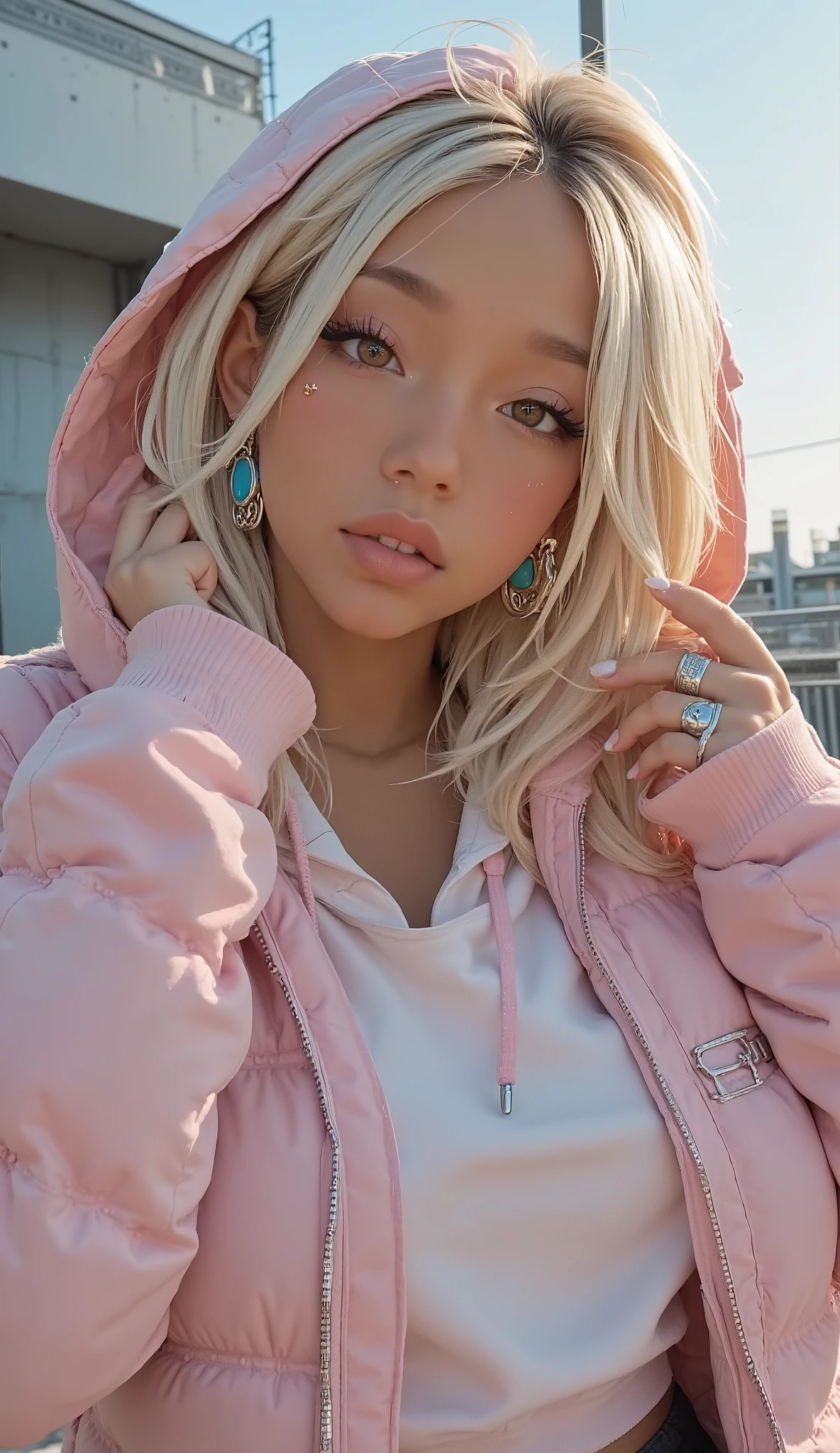 Closeup outdoors The person is partially captured in the shot, is wearing a puffy pink jacket and hoodie with a hood drawn overhead. ジャケットの柔らかなピンク色teeth、It is enhanced by the warm pink shade of the hoodie, creates a cozy space,  layered look . Blonde hair、peek out against a clear blue sky from under the hood, Seems to capture light in a way that emphasizes its softness. In her hands, I can see the two rings。Wide, metallic hoodie and an even more intricate chain link ring creates a unique style. 背景にteeth近代建築の要素がありますおしゃれな, Metallic lines, （おそらく都市的な洗練さを感じさせる建物またteeth建造物, teeth、Clear Day. casual and relaxed, ）.