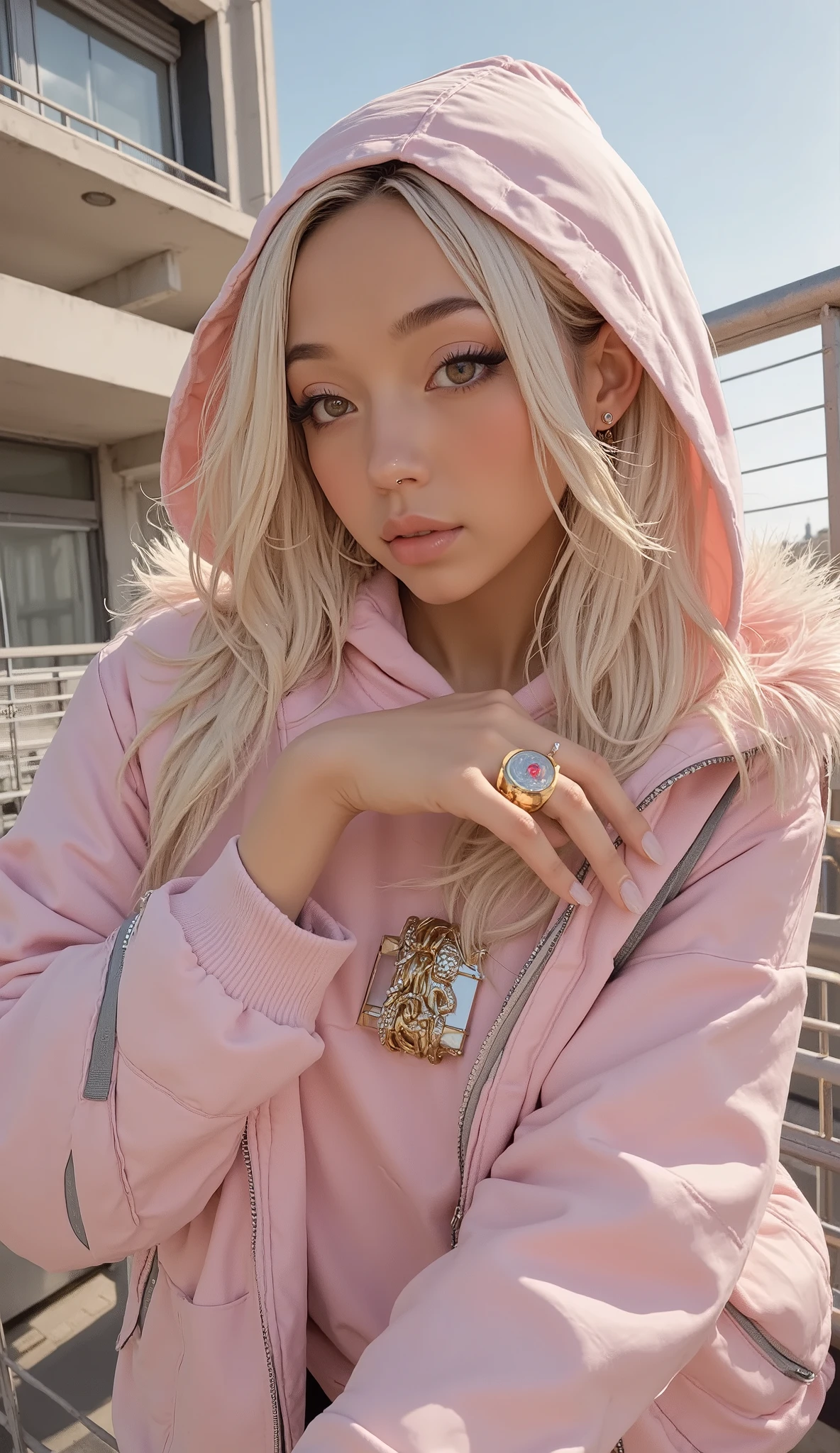 Closeup outdoors The person is partially captured in the shot, is wearing a puffy pink jacket and hoodie with a hood drawn overhead. ジャケットの柔らかなピンク色teeth、It is enhanced by the warm pink shade of the hoodie, creates a cozy space, layered look . Blonde hair、peek out against a clear blue sky from under the hood, Seems to capture light in a way that emphasizes its softness. In her hands, I can see the two rings。Wide, metallic hoodie and an even more intricate chain link ring creates a unique style. 背景にteeth近代建築の要素がありますおしゃれな, Metallic lines, (おそらく都市的な洗練さを感じさせる建物またteeth建造物, teeth、Clear Day. casual and relaxed, ).