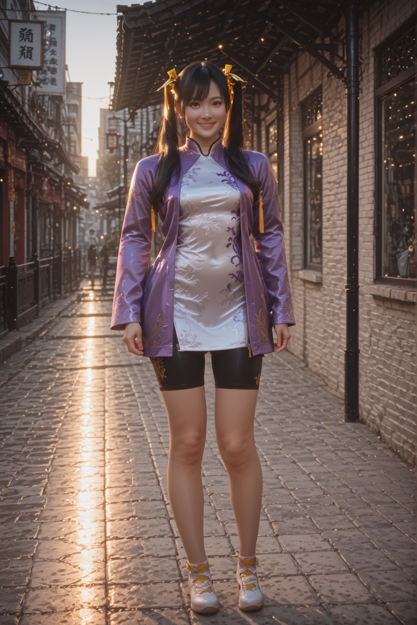 masterpiece, best quality,1girl, solo, Ling Xiaoyu, long hair, black hair, twin tails, brown eyes, Asian, shirt, long sleeves, hair ornament, ribbon, hair ribbon, open clothes, shorts, open jacket, purple jacket, purple shorts, Chinese clothes, short dress, bike shorts, China dress, yellow ribbon, full body, outdoors, smile, streets
