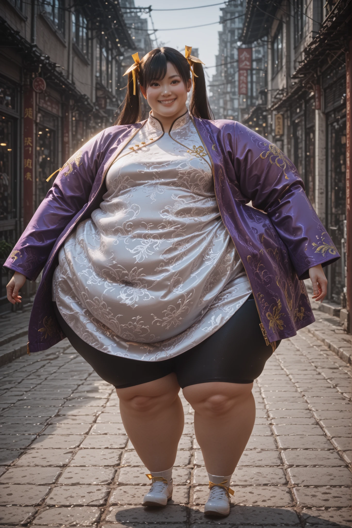 masterpiece, best quality,1girl, solo, Ling Xiaoyu, long hair, black hair, twin tails, brown eyes, Asian, shirt, long sleeves, hair ornament, ribbon, hair ribbon, open clothes, shorts, open jacket, purple jacket, purple shorts, Chinese clothes, short dress, bike shorts, China dress, yellow ribbon, full body, hyper fat, hyper obese,outdoors, smile, streets