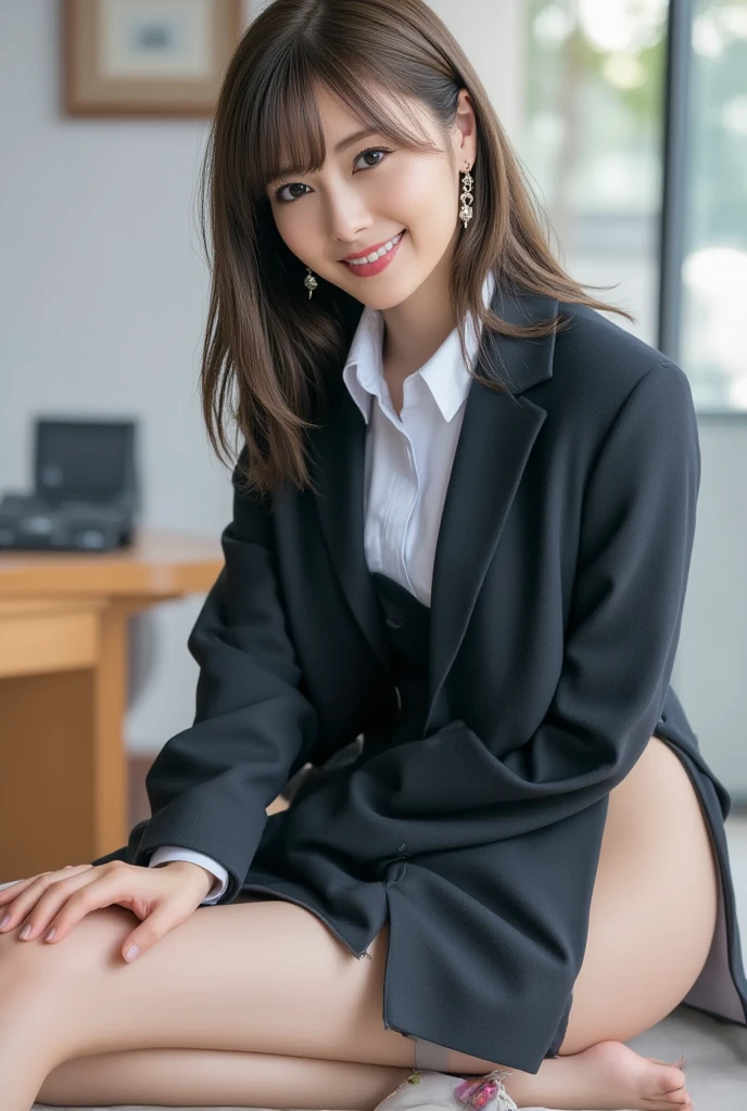 masterpiece、超High resolution、She is very cute and young like an idol..々A cute 18-year-old businesswoman、Gentle and cute、A kind smile、A business jacket that shows off cleavage、Medium Bust、Business Mini Skirt、Working in a building office　Sitting in a chair　((Panties are visible from the miniskirt))、((whole body))、RAW Photos、Genuine、High resolution、live-action