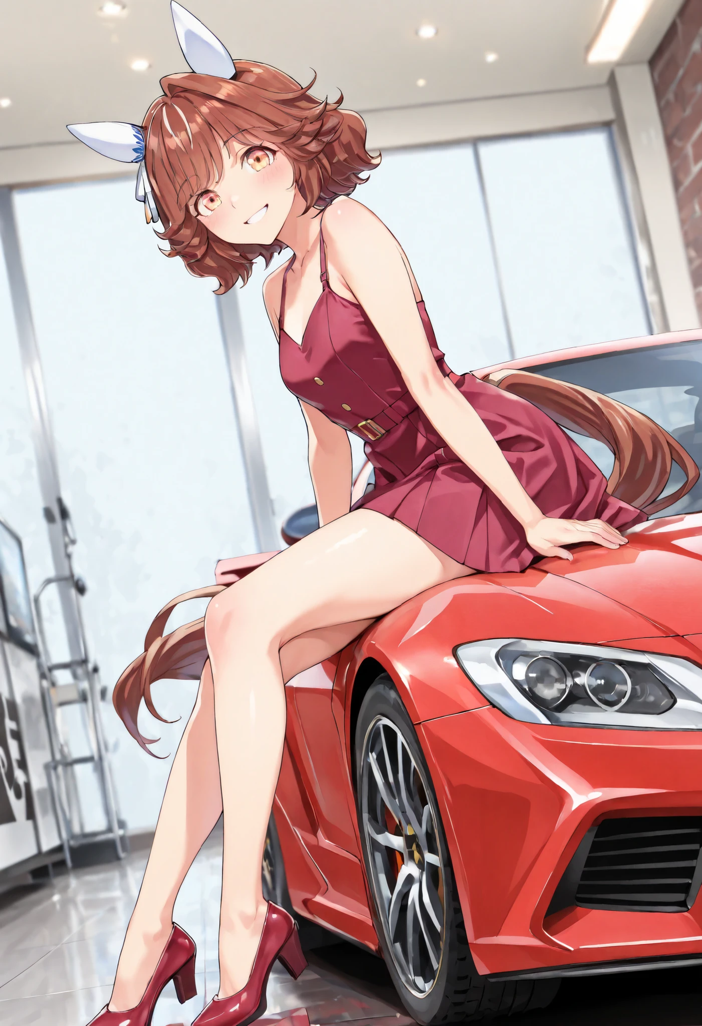 (masterpiece, best quality, perfect face:1.4), wide angle, haiseiko \(umamusume\), 1girl, brown hair, orange eyes, ear covers, horse ears, ear ornament, horse tail, tail on the lower back, proportional body, proportional,1 girl, beautiful hair, beautiful face, beautiful detailed eyes, beautiful clavicle, beautiful body, beautiful chest, beautiful thigh, beautiful legs, beautiful fingers, BREAK, (Motor show scene), (in the center of a sparkling sports car, A black), (Female model shines on the side), (A red dress with a tight chest), (Red shoes ), (A woman is leaning on a sports car and posing), Natural three-dimensional effect, BREAK, blush smile, textured skin, realistic skin, HDR, BREAK, good hands