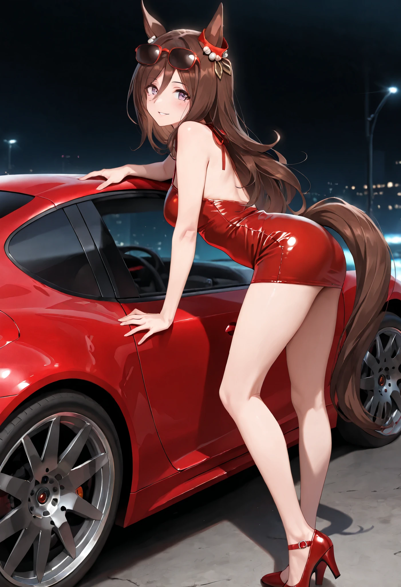 (masterpiece, best quality, perfect face:1.4), wide angle, seeking the pearl\(umamusume\), 1girl, mole under eye, horse ears, eyewear on head, ear ornament, horse tail, tail on the lower back, proportional body, proportional,1 girl, beautiful hair, beautiful face, beautiful detailed eyes, beautiful clavicle, beautiful body, beautiful chest, beautiful thigh, beautiful legs, beautiful fingers, looking at viewer, BREAK, (Motor show scene), (in the center of a sparkling sports car, A black), (Female model shines on the side), (A red dress with a tight chest), (Red shoes ), (A woman is leaning on a sports car and posing), Natural three-dimensional effect, BREAK, blush smile, textured skin, realistic skin, HDR, BREAK, good hands