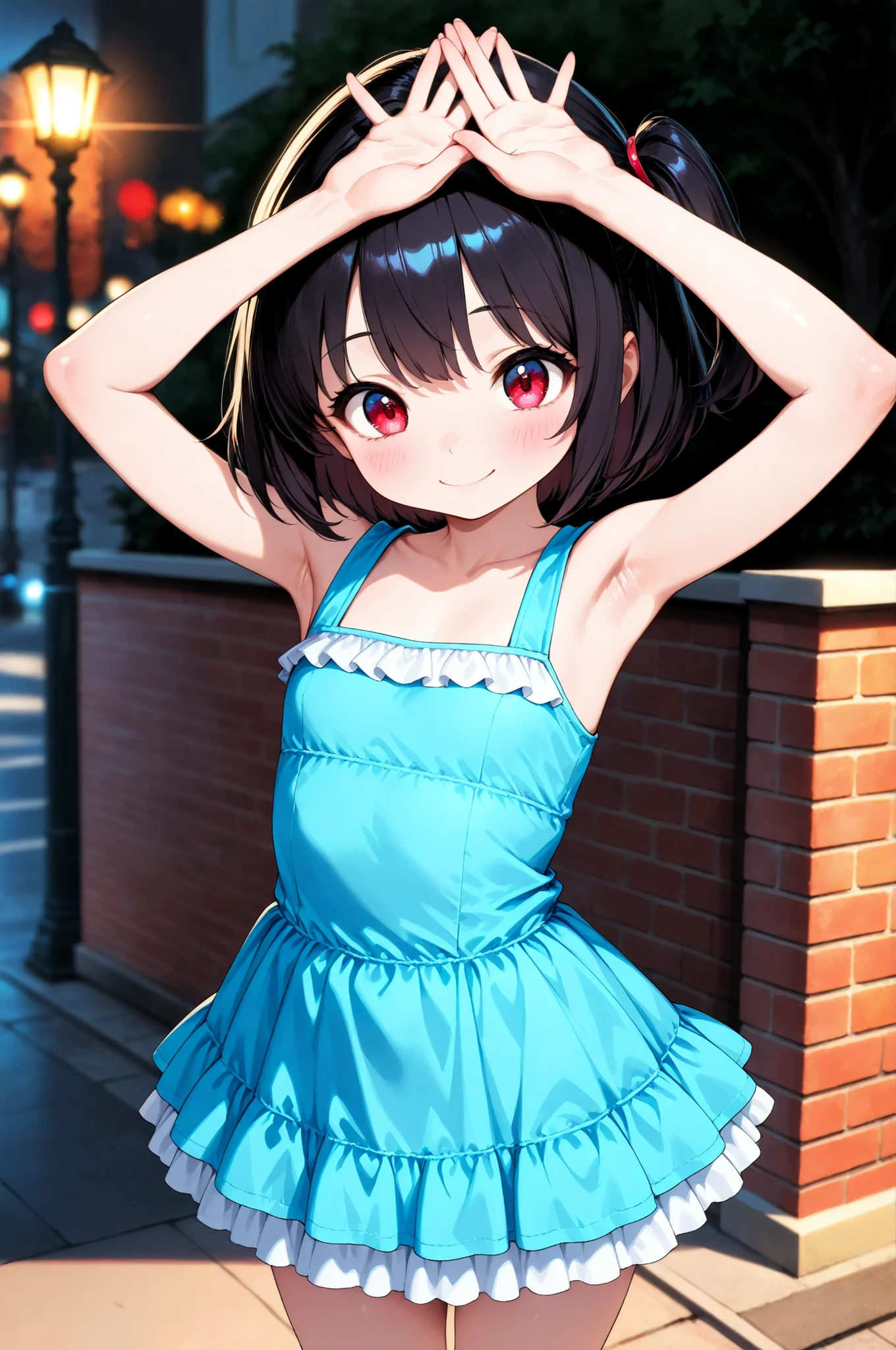Little girl's commemorative photo, 1 Girl, 6 year old girl, BRICK WALL FACE :1.2, Street lamp, solo, ((huge, Raise both hands up, Armpits)), ruffle dress, mini skirt, Focus on light and shadow in every detail, blurred background, (Highest Quality:1.2, 4K, 8k, Very Detailed, attention to detail, masterpiece:1.2, Ultimate aesthetics),