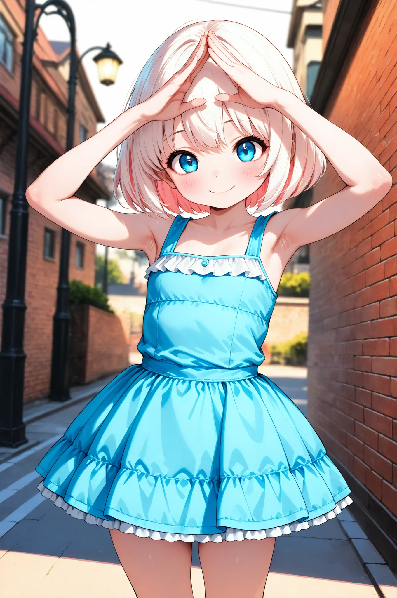Little girl's commemorative photo, 1 Girl, 6 year old girl, BRICK WALL FACE :1.2, Street lamp, solo, ((huge, Raise both hands up, Armpits)), ruffle dress, mini skirt, Focus on light and shadow in every detail, blurred background, (Highest Quality:1.2, 4K, 8k, Very Detailed, attention to detail, masterpiece:1.2, Ultimate aesthetics),
