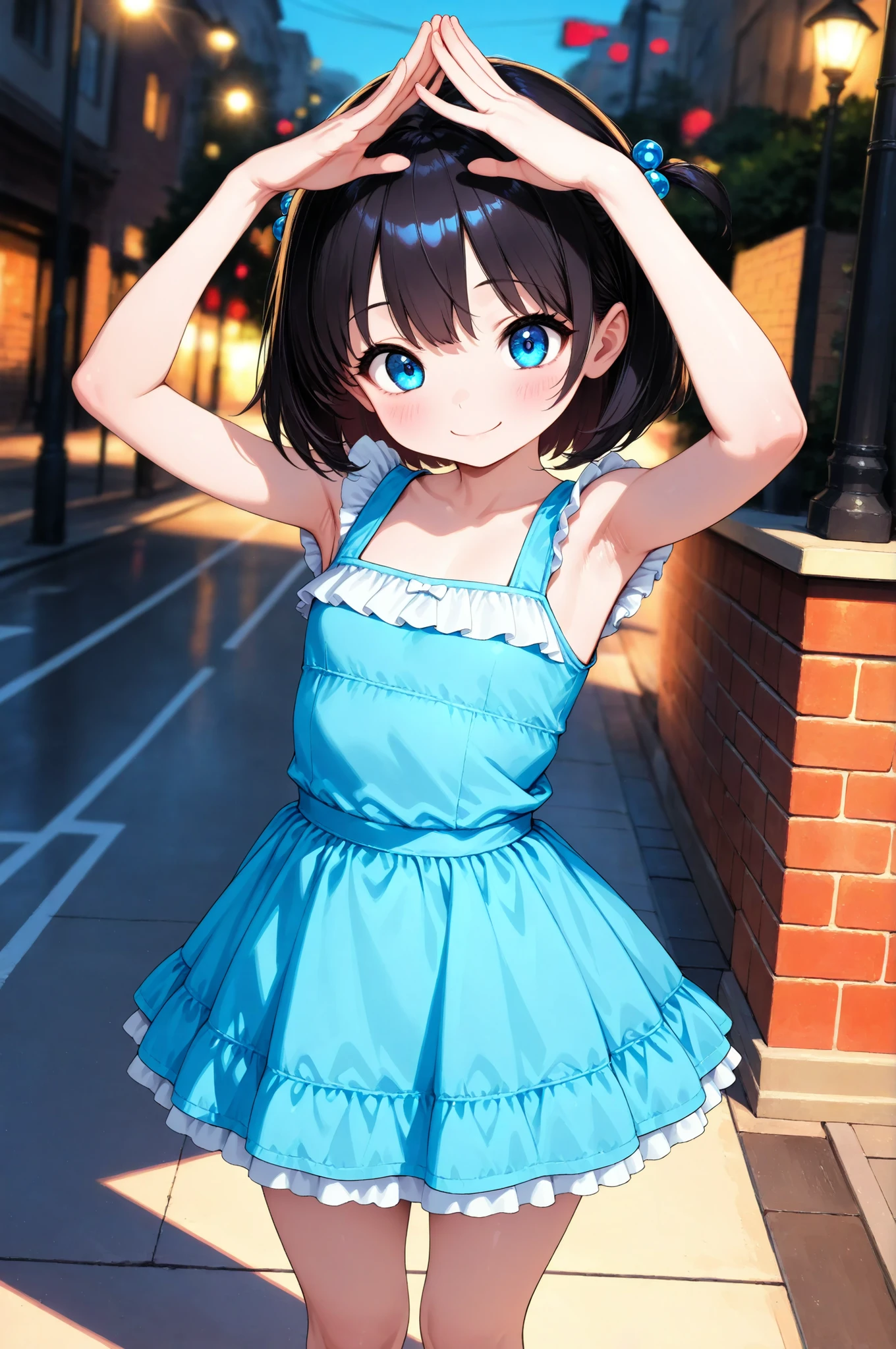 Little girl's commemorative photo, 1 Girl, 6 year old girl, BRICK WALL FACE :1.2, Street lamp, solo, ((huge, Raise both hands up, Armpits)), ruffle dress, mini skirt, Focus on light and shadow in every detail, blurred background, (Highest Quality:1.2, 4K, 8k, Very Detailed, attention to detail, masterpiece:1.2, Ultimate aesthetics),
