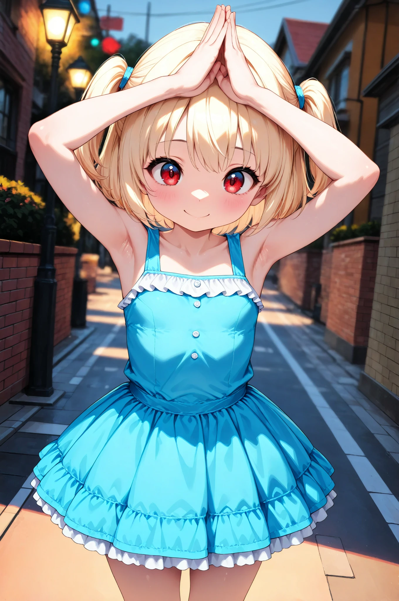 Little girl's commemorative photo, 1 Girl, 6 year old girl, BRICK WALL FACE :1.2, Street lamp, solo, ((huge, Raise both hands up, Armpits)), ruffle dress, mini skirt, Focus on light and shadow in every detail, blurred background, (Highest Quality:1.2, 4K, 8k, Very Detailed, attention to detail, masterpiece:1.2, Ultimate aesthetics),