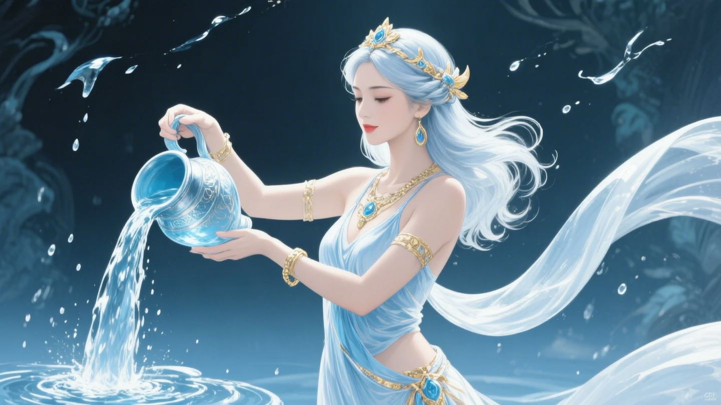 "Create an ultra-realistic image of a beautiful 21-year-old girl holding a magical staff that radiates the essence of water. She should be dressed in an elegant, blue shaded outfit that reflects her deep connection to the element of water. Surround her with elements of water, such as cascading waves, shimmering droplets, and serene reflections, to showcase her mastery over this element. Include a distinct water symbol on her body, signifying her role as the keeper of water and illustrating the powerful, fluid energy of water she possesses within her."