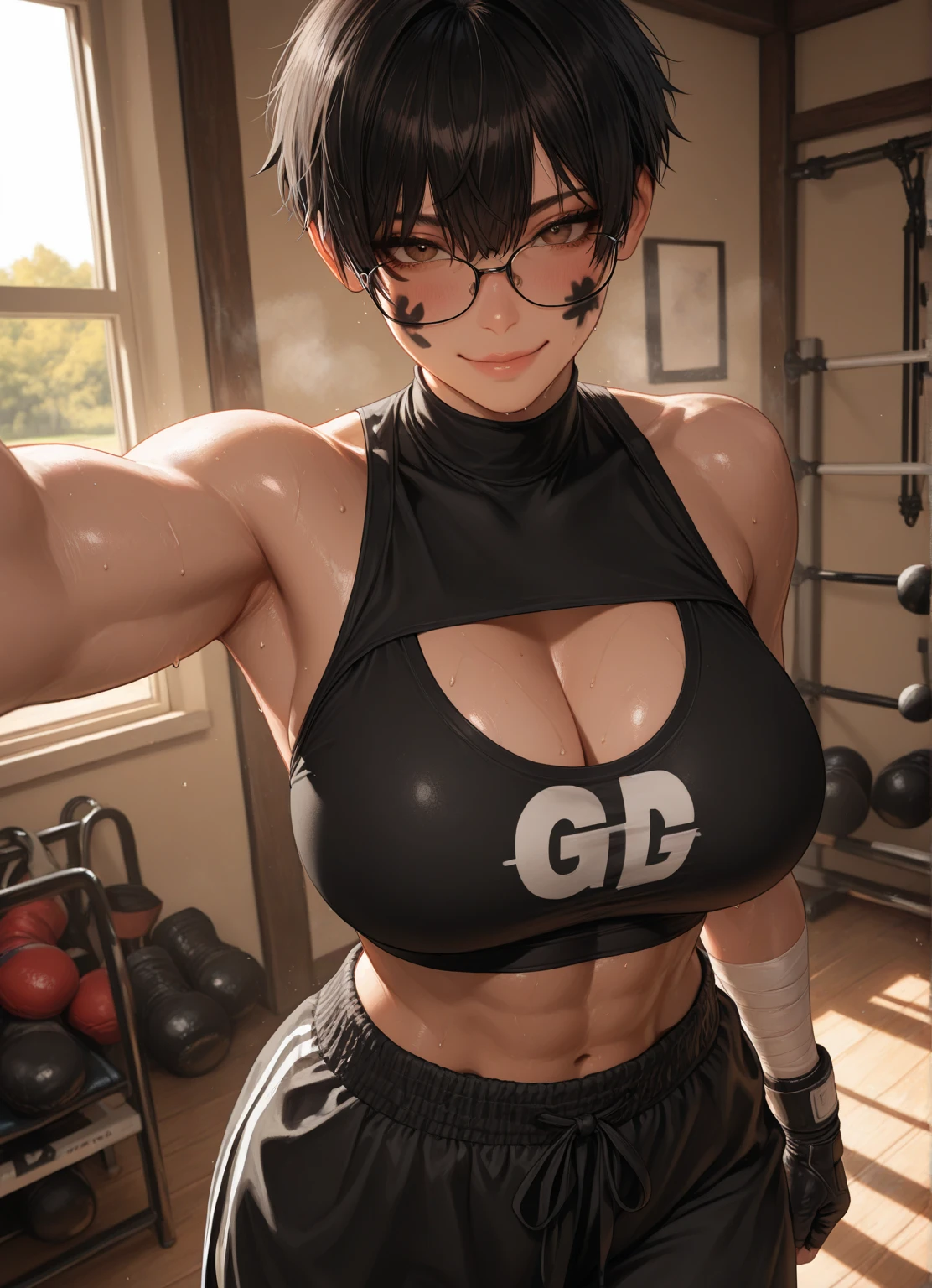 Curvaceous but slender、Cuerpo Muchimuchi、Entrenamiento Muscular Girlornpecckles、topo、cejas finas、Orden de salsa、poneyTail、labios regordetes、Physical Beauty、cabello despeinado、Unique fashion、Unexpected Camera Work、Unique Camera Work、Hombre 1、Mujer 1、glasses, (highest qualityr、high resolusion、8k、obra maestra:1.2)。Short Haired Muscular Woman in Beautiful Rough Clothes、Entreno durante las sesiones de entrenamiento en un centro de entrenamiento muscular。Muscles are trained arms and back、Destacar en las piernas。Su sudor es un testimonio del trabajo duro、The contours of the muscles are beautifully revealed.。From the bedroom window, La vista nocturna desde el rascacielos se extiende.、The lighting gives it a soft glow like that of a Hollywood actress。Carteles de competiciones de culturismo y citas de celebridades se pegan en las paredes del gimnasio..、She's pushing her limits with a powerful expression.。Sin embargo、En las inmediaciones de la misma se encuentra、Hay un culturista guapo que la ataca.、Toco su cuerpo mientras me quedo cerca de ella.。