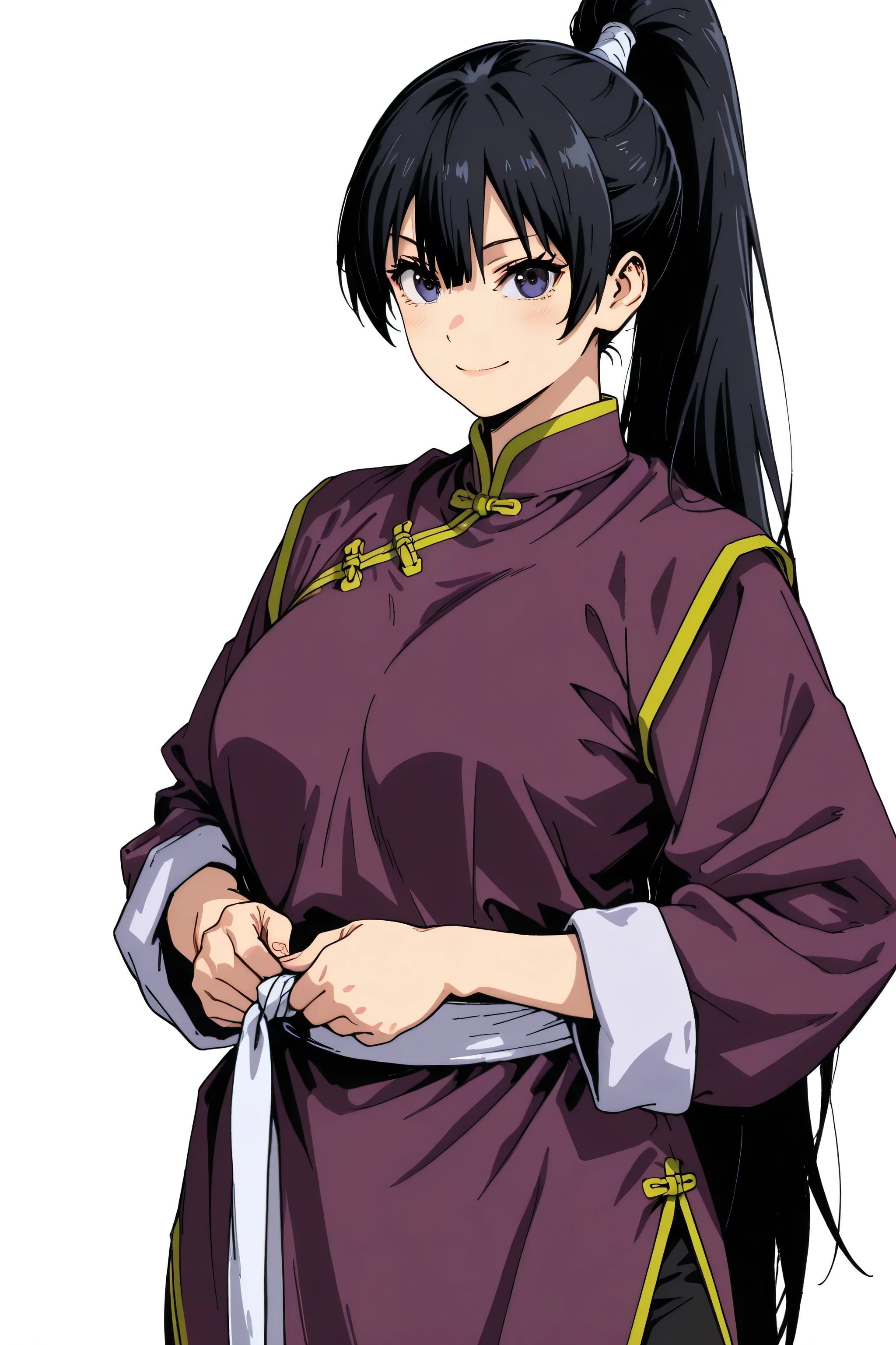 gsfghtr, multicolored robe, chinese clothes,KungFuUniform,score_9, score_8_up, score_7_up, gsfghtr, 1girl, smile serious, long ponytail, kohei horitoshi, white background, mature female, 1monk girl, anime style, three fourths body, both hands hold tie belt,