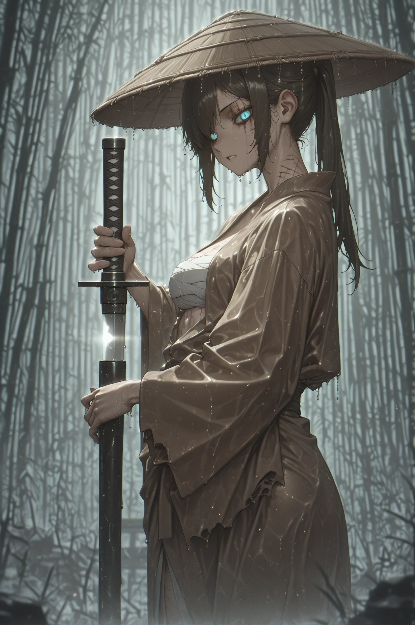 holding sword unsheathing, sword cane:1.5, One Sword, torn clothes:2, wearing a tattered light brown kimono:2, A tall beautiful woman with an eye wound:1.5, long ponytail, dark haired:1.3, wet:1.5, Wearing a traditional Japanese bamboo hat, bamboo forest:2, Wear the sky blue aura all over your body:0.8, A series of torii gates:1.6, Thick Fog:1.9, Heavy Rain:1.9, sunlight filtering through the trees:1.4, close one scar eye:1.8, open one sky blue eye:1.4, Sharp Eyes, anime style:1.7, from side, naked kimono:2.6, sarashi:1.5, best quality, detailed, extremely detailed CG, highly detailed, intricate, masterpiece, professional quality, ultra detailed, 4K, look at viewer,