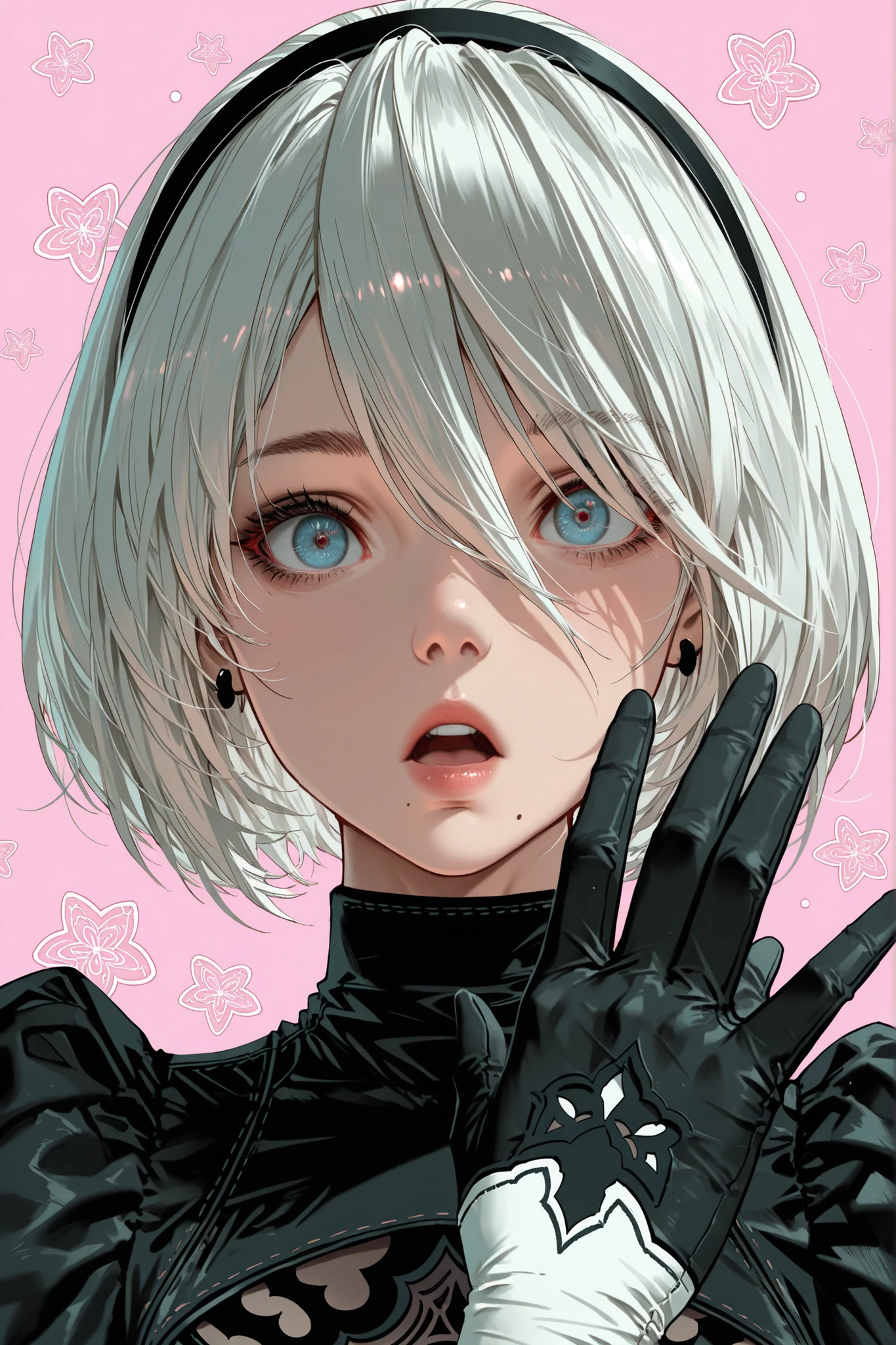 (2b \(nier:automata\),) artist:yd \(orange maru\):0.5,artist:ningen mame:0.65,artist:dishwasher1910:0.55,cover image,
1girl,solo,looking at viewer,black hairband,blue eyes,white hair,closed mouth,upper body,jewelry,earrings,:o,surprised expression:0.25,open mouth,looking at viewer,open hand,
pink barbie background,simple background,vivid illustration:0.25,dynamic pose:0.25,
masterpiece,best quality,((very aesthetic,)) absurdres,