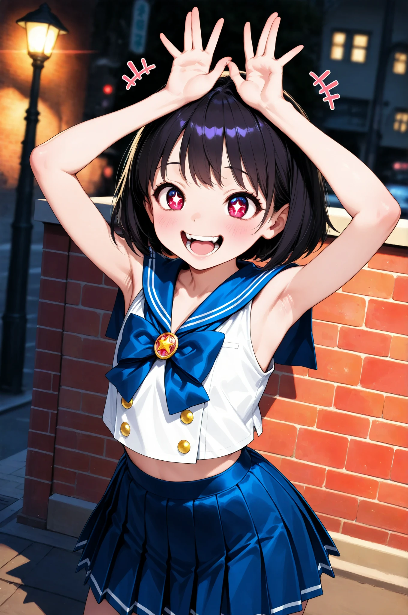 Little girl's commemorative photo, 1 Girl, 6 year old girl, BRICK WALL FACE :1.2, Street lamp, solo, ((open my mouth and laugh, Raise both hands up, Armpits)), sailor suit, Focus on light and shadow in every detail, blurred background, (Highest Quality:1.2, 4K, 8k, Very Detailed, attention to detail, masterpiece:1.2, Ultimate aesthetics),