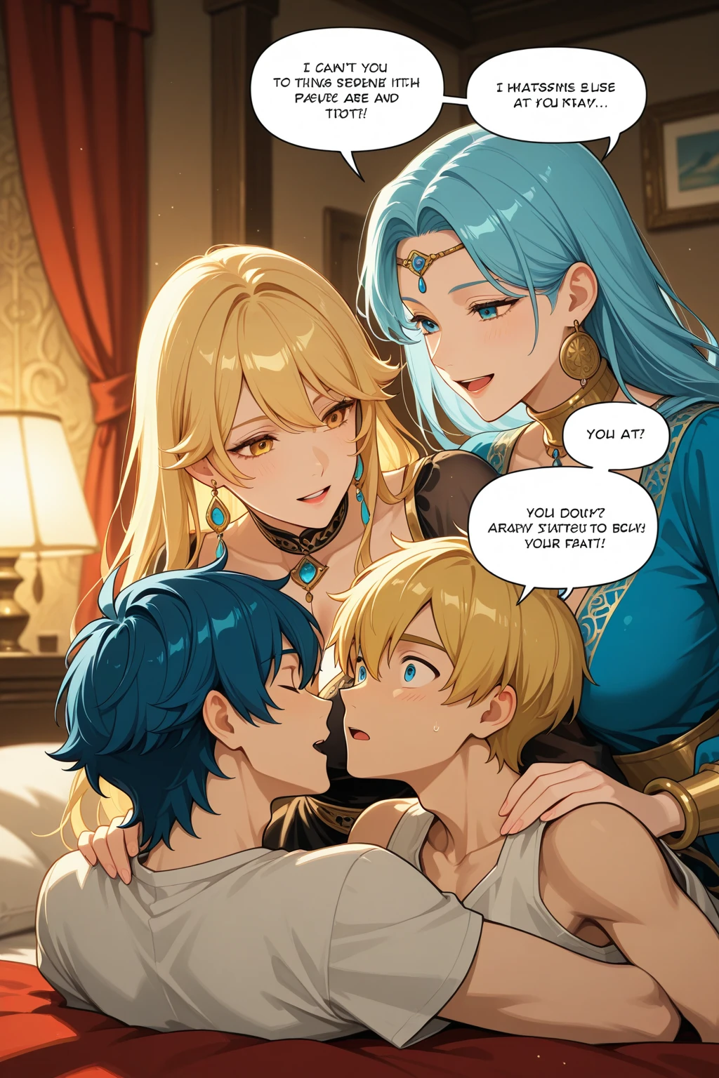 , , raiden shogun (genshin impact), female/ambiguous, female , Fatman, ganyu (genshin impact), , multiple girls, comic, 3girls, , Collapsed Cowgirl, hetero, 6fatmans, multiple boys, party, blue hair, purple hair, Gala dress,, Samus aran (metroid), yellow hair, drunk, drinked, happy, blue gala dress, black gala dress, purple gala dress, 