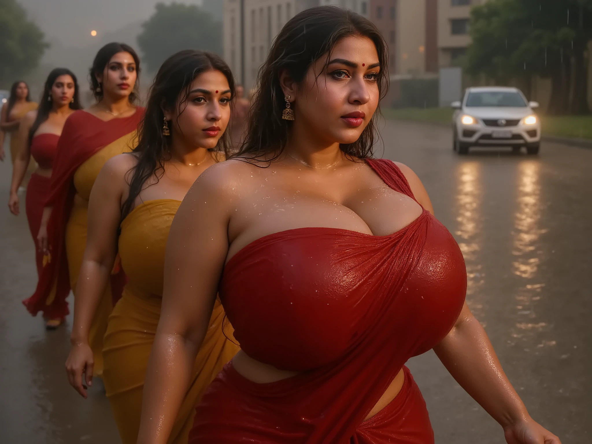Busty indian curvy women walking in rain side profile