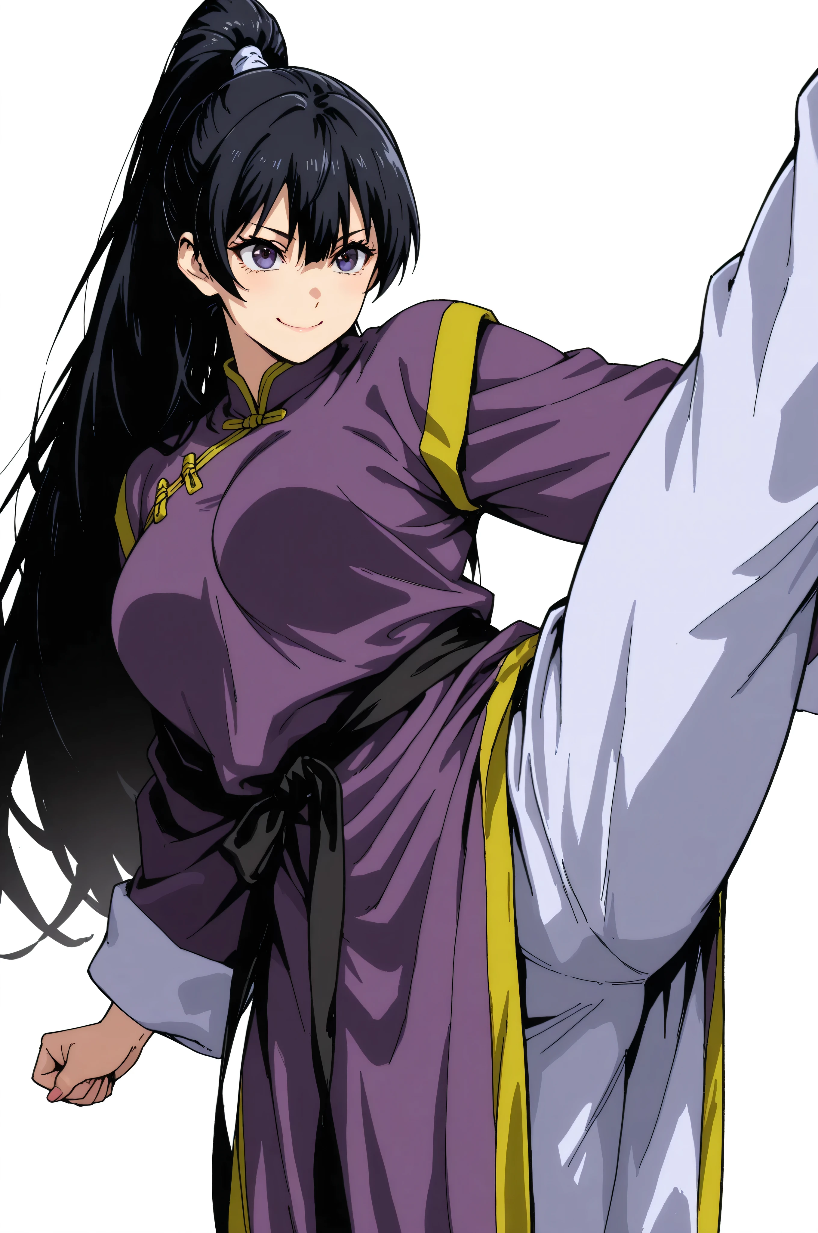 gsfghtr, multicolored robe, chinese clothes,KungFuUniform,score_9, score_8_up, score_7_up, gsfghtr, 1girl, smile serious, long ponytail, kohei horitoshi, white background, mature female, 1monk girl, anime style, three fourths body, tied robe belt, kick pose,