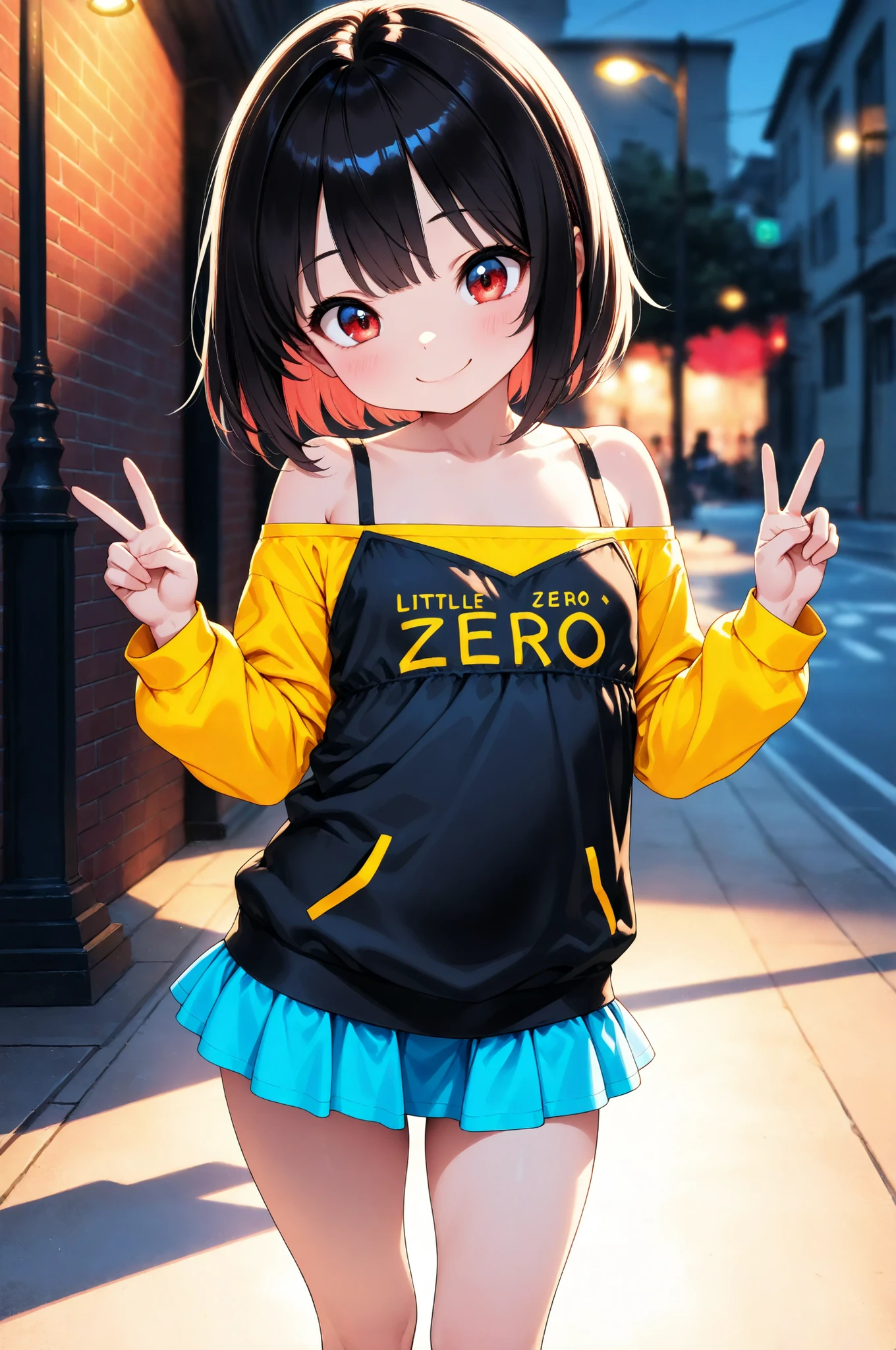 Little girl's commemorative photo, 1 Girl, 6 year old girl, BRICK WALL FACE :1.2, Street lamp, solo, ((year zero, v)), Off Shoulder, mini skirt, Focus on light and shadow in every detail, blurred background, (Highest Quality:1.2, 4K, 8k, Very Detailed, attention to detail, masterpiece:1.2, Ultimate aesthetics),