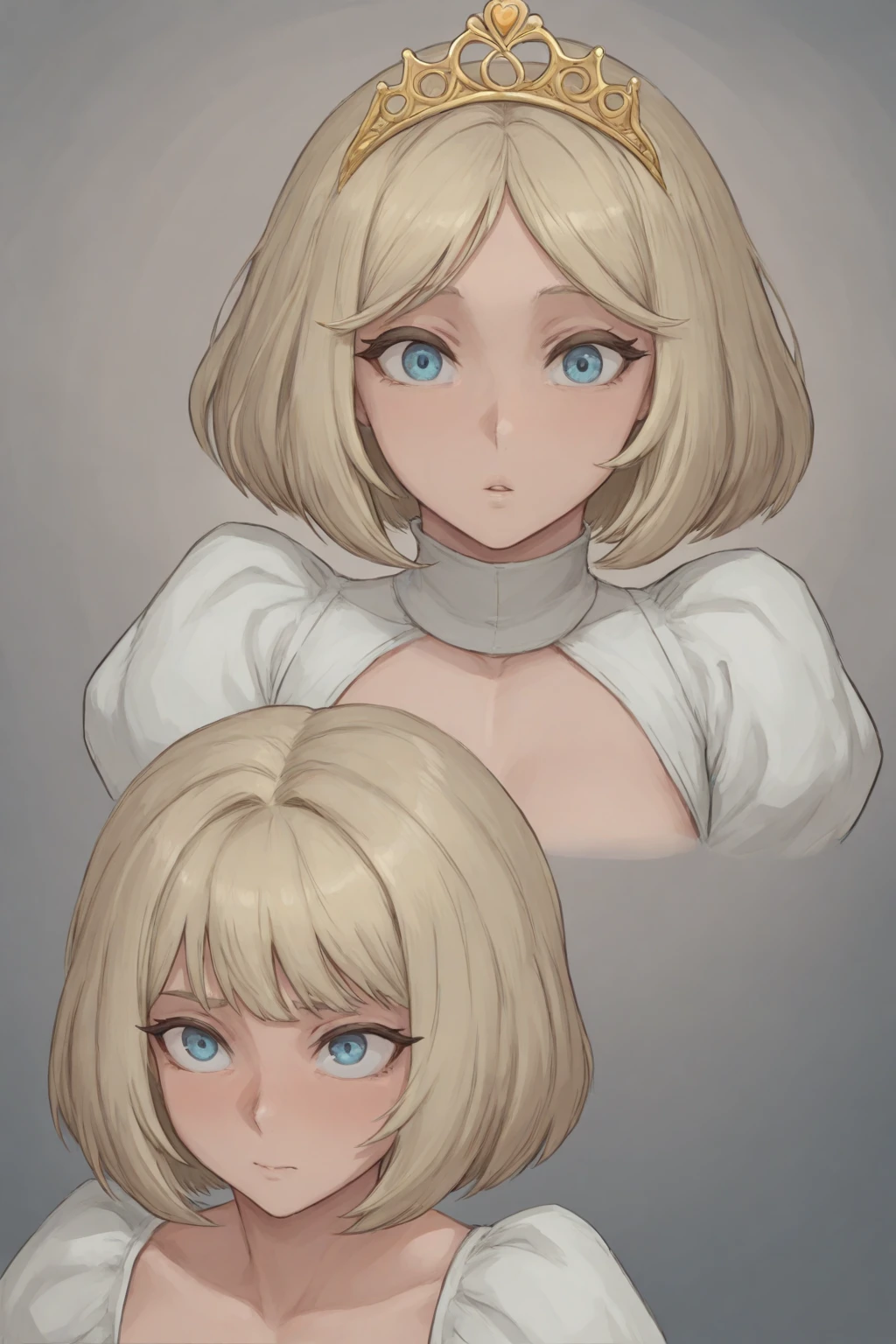 (masterpiece, 8K, highest quality, very detailed, 1 mature woman), (Consistent personality, same character), (blonde hair, yellow eyes), (very detailed顔と肌の質感, fine eyes), evil smile, , alone, (maid), white background,  shoulders, enchanting smile, (multiple views, multiple angles), Side view, Front view, look up, look down, Rear view, 20-degree head view