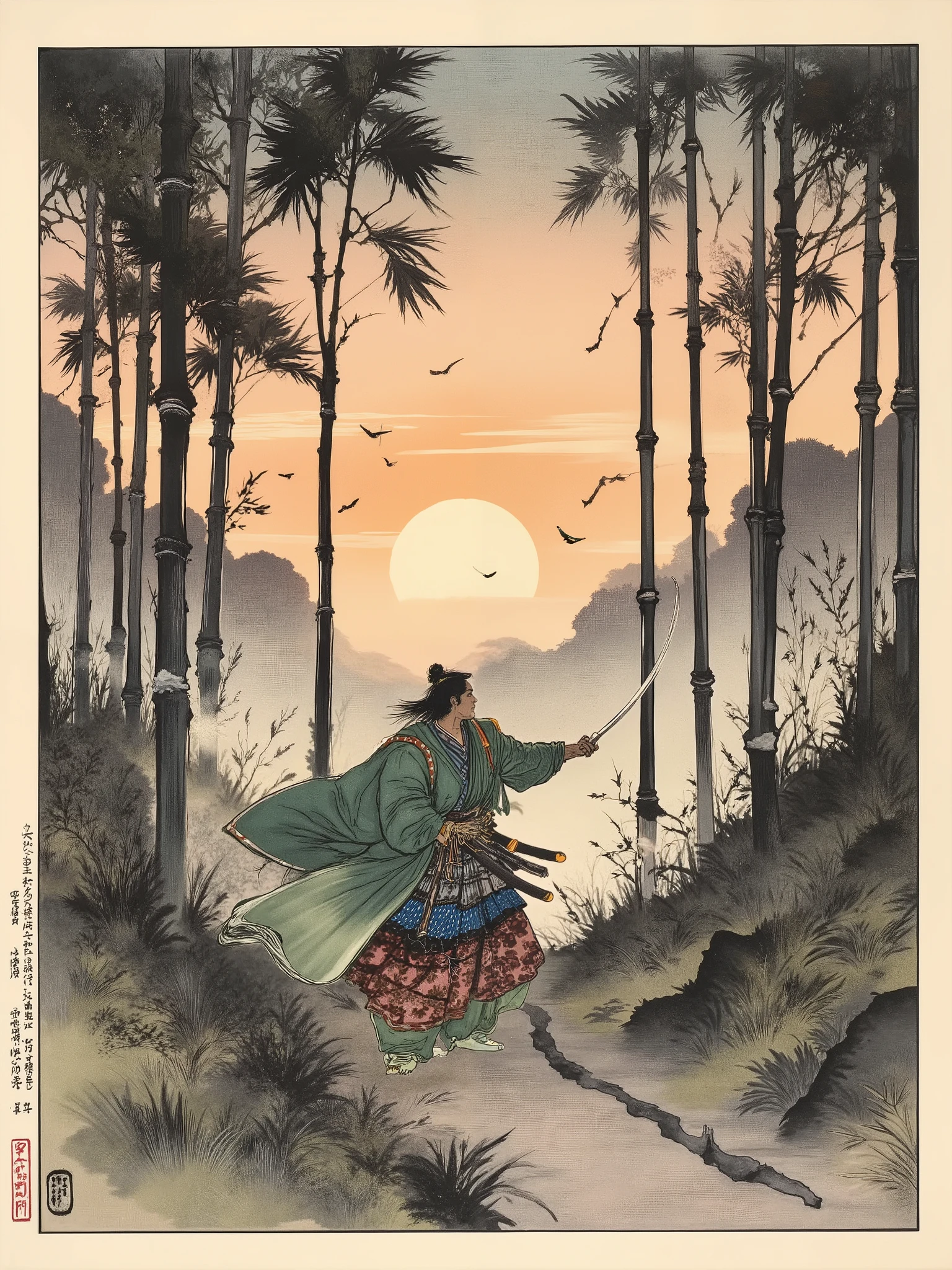 A masterpiece Ukiyo-e woodblock print, style of Katsushika Hokusai and Utagawa Kuniyoshi. A dynamic scene of a lone ronin (samurai) in a dense bamboo forest at dawn. The warrior is captured mid-movement, performing a swift, spinning sword strike (iaijutsu draw). His flowing robes blend with the environment. The blade of his katana creates a graceful, semi-transparent crescent-shaped sword light (光剣) in the air. Tall bamboo stalks surround him, some are cleanly cut and falling, others bend in the wind. The setting sun's rays pierce through the forest, creating long, dramatic shadows and illuminating the misty air. The composition is asymmetrical and dynamic, filled with diagonal lines conveying motion. Woodblock print technique: bold black outlines, masterful hatching for depth, a limited color palette of black, grey, shades of ochre, muted green and indigo. Aged paper texture with subtle imperfections, faint ink bleed. The atmosphere is a fusion of nature's serenity and lethal intent.