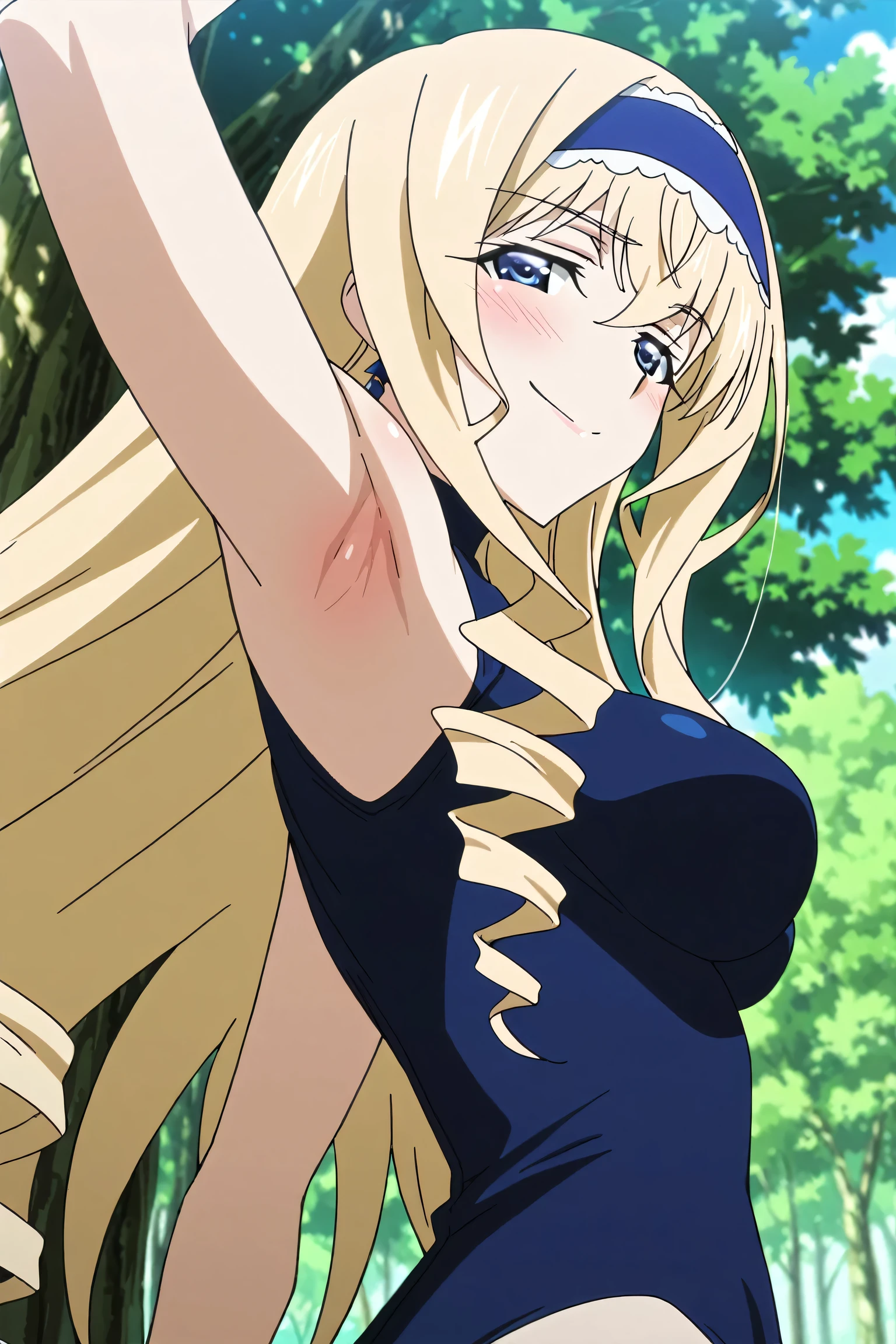 masterpiece, best quality, amazing quality, anime screencap, anime coloring, 1girl, solo, cecilia alcott, blonde hair, long hair, drill hair, blue eyes, medium breasts, blue hairband, frilled hairband, blue leotard, impossible leotard, sleeveless turtleneck leotard, skindentation, arm up, raised arm, armpit, armpit focus, head towards viewer, looking at viewer, seductive smile, smug, half-closed eyes, blush, confident, closed mouth, outdoors, day, from side, from below, (from behind:1.2), upper body