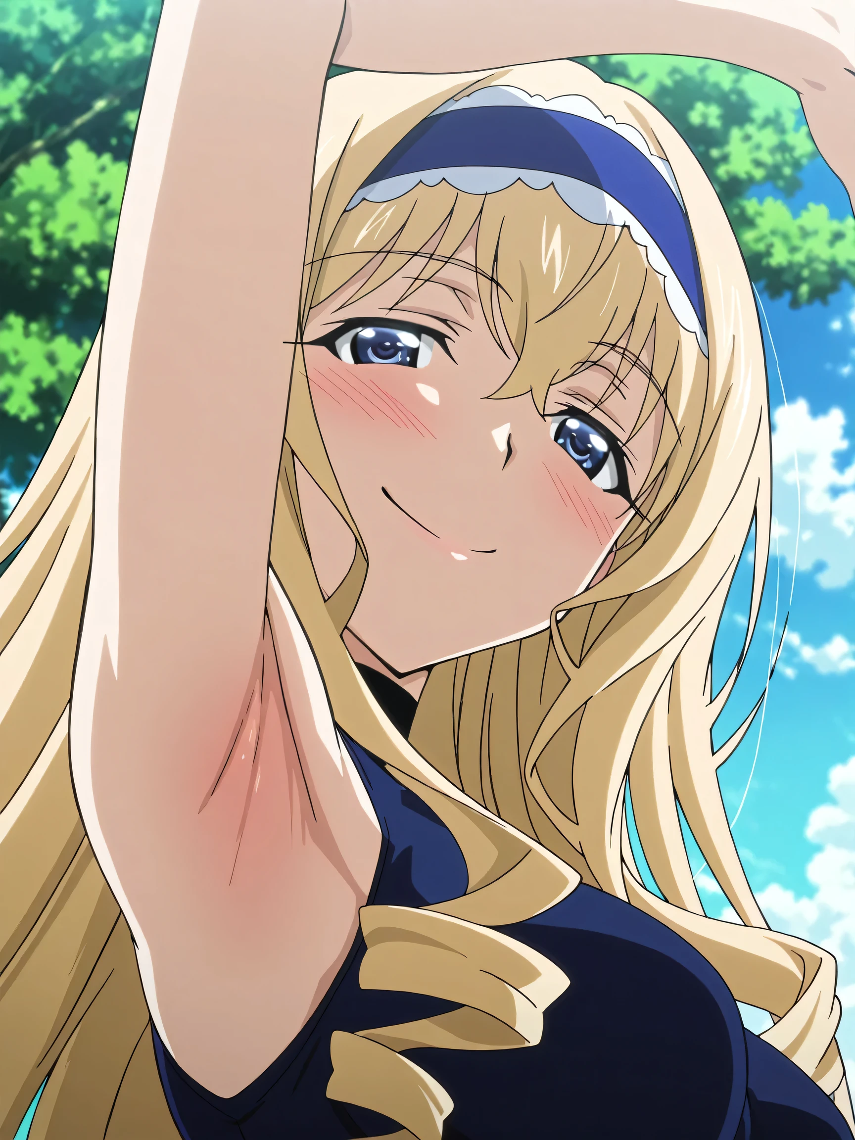 masterpiece, best quality, amazing quality, anime screencap, anime coloring, 1girl, solo, cecilia alcott, blonde hair, long hair, drill hair, blue eyes, medium breasts, blue hairband, frilled hairband, blue leotard, impossible leotard, sleeveless turtleneck leotard, skindentation, arm up, raised arm, armpit, armpit focus, head towards viewer, looking at viewer, seductive smile, smug, half-closed eyes, blush, confident, closed mouth, outdoors, day, from side, from below, armpit up close, close-up of armpit