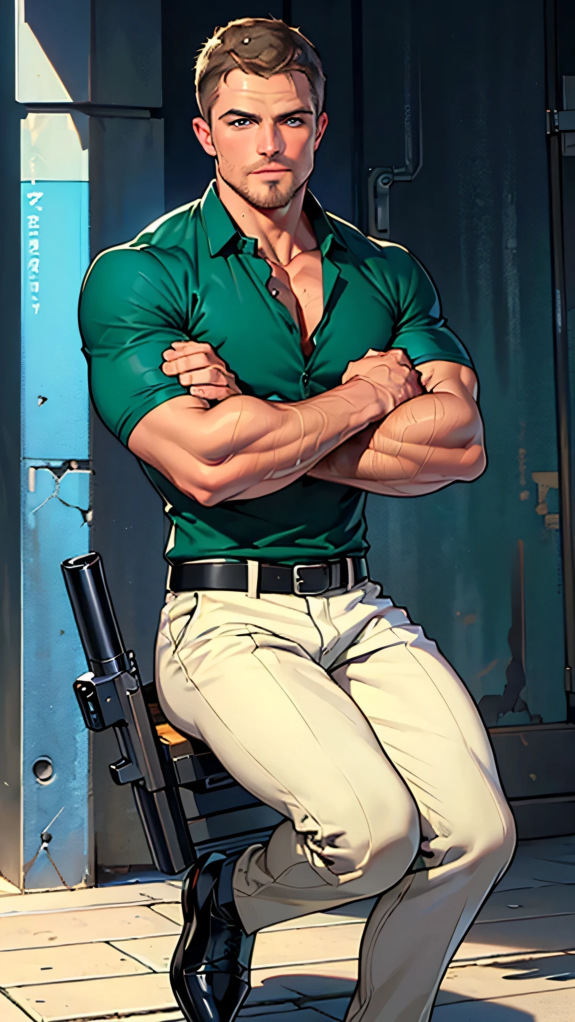 vpl,vpl,1 man, male focus solo,45 yo man, (((Stephen AMELL as private investigator))), lean muscle, open blue shirt, marine blue jeans with brown belt ,( bulge), full body shot, dark blond short hair, BLUE GREEN EYES , well groomed facial hair, (((( HANDS CROSSED , holding TWO guns IN BOTH HANDS LIKE JAMES BOND )))) (((SPREAD LEGS , VERY MANLY APPERANCE ))), ultra high quality, masterpiece, ( ever changing background, blue and white and green arabesques lines in the background)