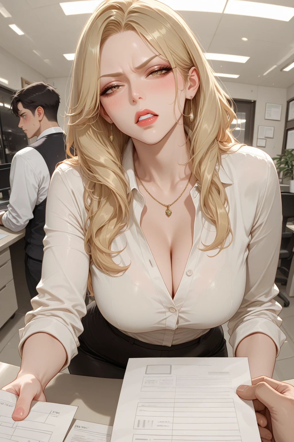 score_9,  score_8_up, score_7_up, score_6_up, source_anime,
1girl, long hair, blonde hair, large breasts, office lady, office, cleavage, 
pinching gesture, sitting, 1boy, small penis, looking up, hand on own thigh, smirk, small testicles, fat man,
<lora:pinching_gesture_v0.1-pony:1>