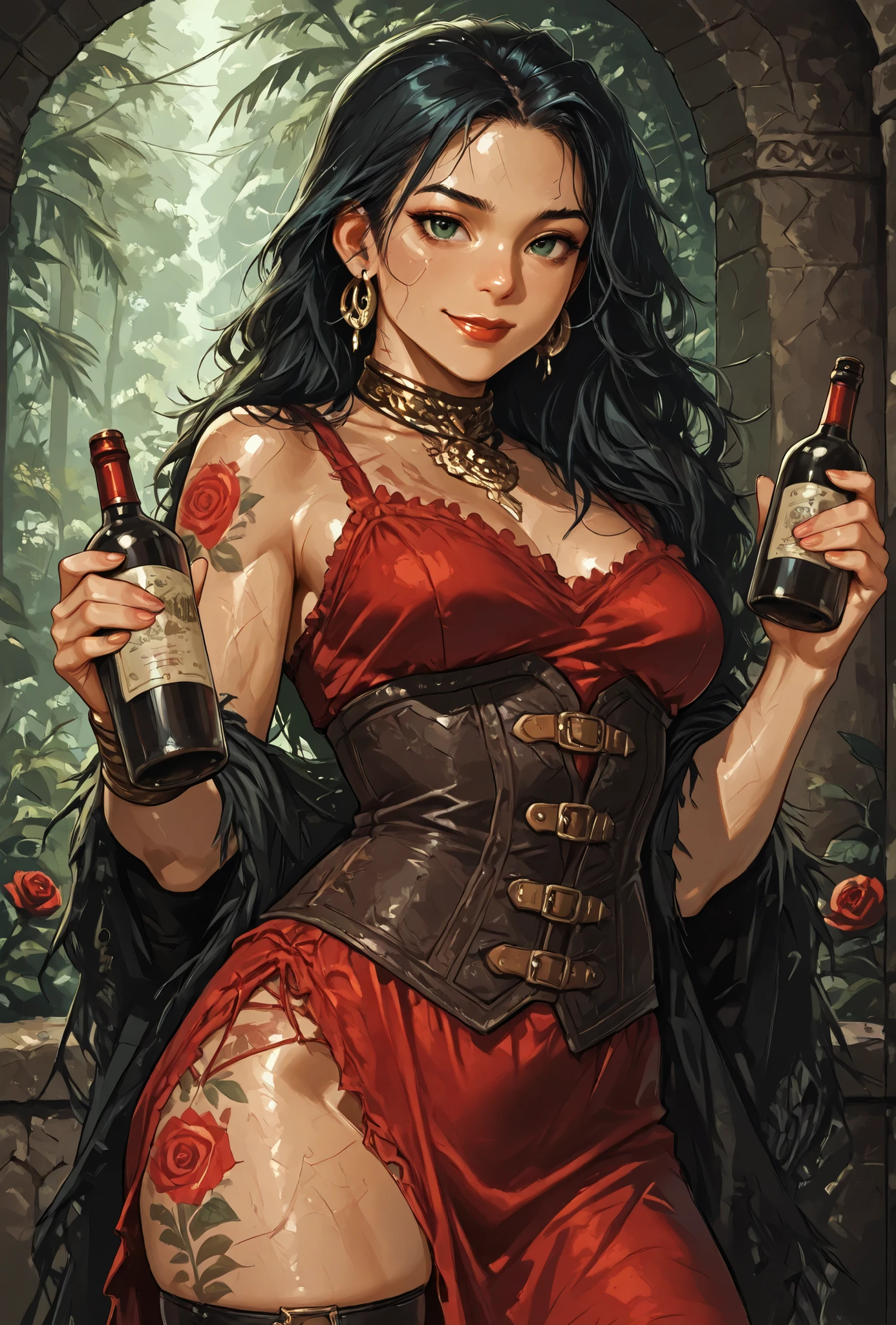 She looks like Poison from Street Fighter. She has a bright smile on her full red lips. Soft features. She smiles clever-ly. She winks at the viewer. She has long black hair, toned skin and a red rose tattoo on her thigh. Well-endowed, green eyes, athletic body. Slender. She wears a red silk dress with a black leather corset. Looking at the viewer. She's holding a wine bottle in each hand. Background: Spanish medieval ruin, hdr colours,. Atmospheric lighting. Looking at the viewer. Background: Aztec jungle ruin and river, hdr colours, semi-realistic