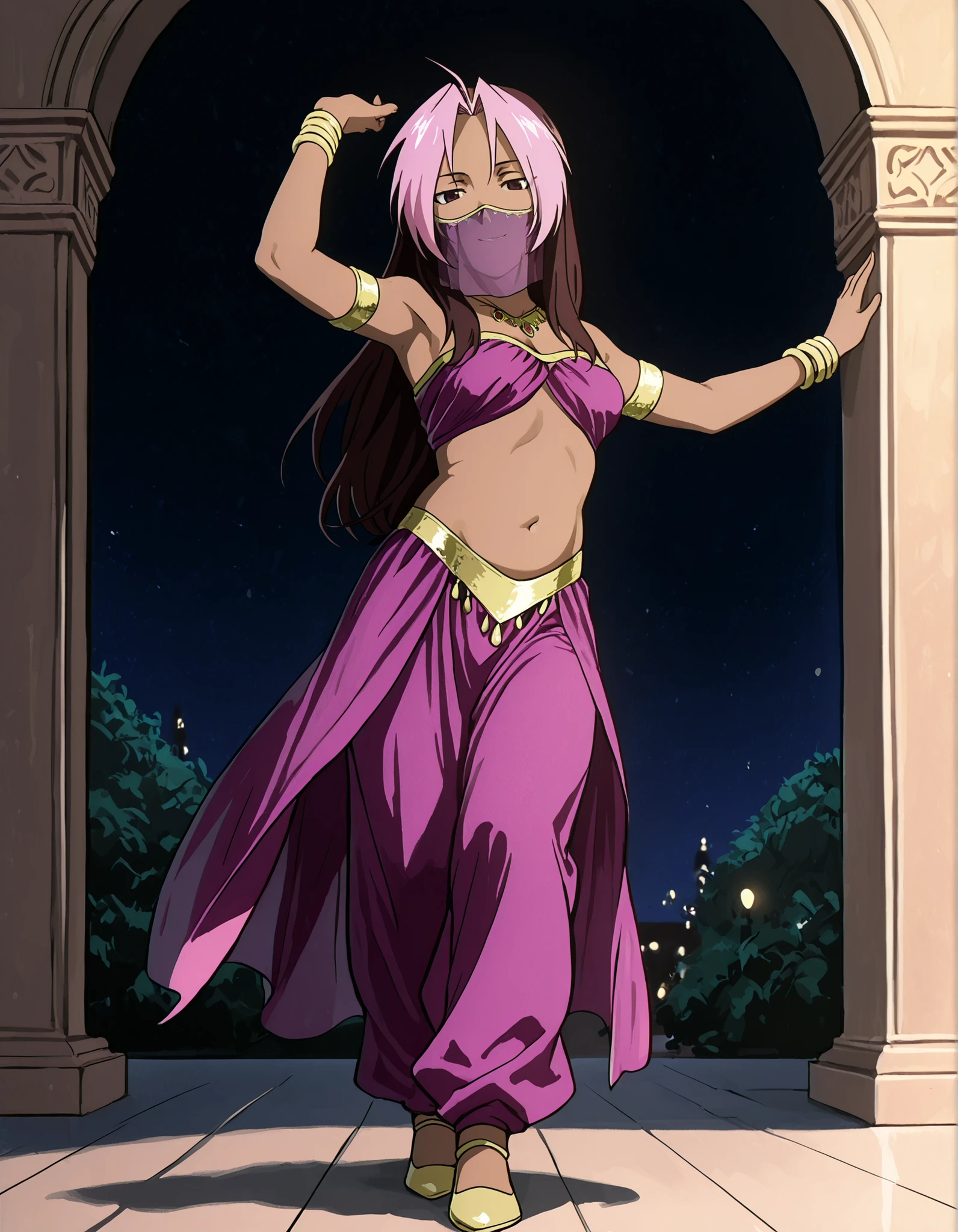 (1girl:1 . 5) , (Seul:1 . 5) , score_9 , score_8_haut , score_7_haut , source_anime , Official work  , ultra-detailed , masterpiece , best quality , high resolution , beaux yeux , detailed eyes , Detailed face , beautiful detailed eyes,1girl,long hair, brown hair, pink hair, ahoge, multicolored hair, dark skin, two-tone hair, dark-skinned female, split-color hair, dyed bangs,FullMetal Alchemist,Rose Tomas,Arabian Clothes , Arabian Dancer Outfit ,belly dancer costume,belly dancer outfit ,full body,golden jewelery,mouth veil,armlet, belly dancing,night,arabian garden,seductive smile, dancing with veil, dynamic movement,dance posture, seductive pose