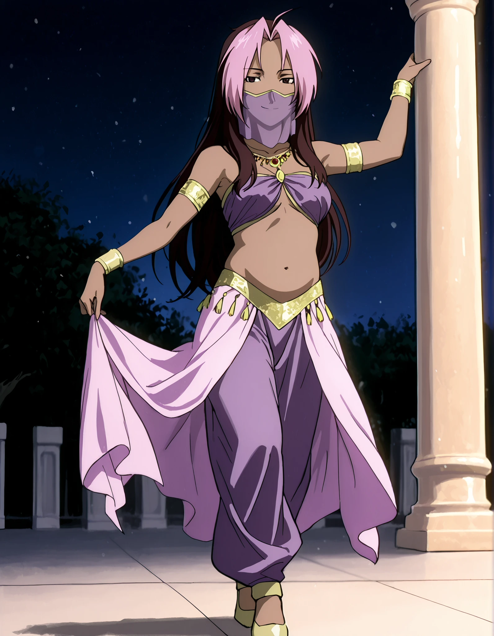 (1girl:1 . 5) , (Seul:1 . 5) , score_9 , score_8_haut , score_7_haut , source_anime , Official work , ultra-detailed , masterpiece , best quality , high resolution , beaux yeux , detailed eyes , Detailed face , beautiful detailed eyes,1girl,long hair, brown hair, pink hair, ahoge, multicolored hair, dark skin, two-tone hair, dark-skinned female, split-color hair, dyed bangs,FullMetal Alchemist,Rose Tomas,Arabian Clothes , Arabian Dancer Outfit ,belly dancer costume,belly dancer outfit ,full body,golden jewelery,mouth veil,armlet, belly dancing,night,arabian garden,seductive smile, dancing with veil, dynamic movement,dance posture, seductive pose