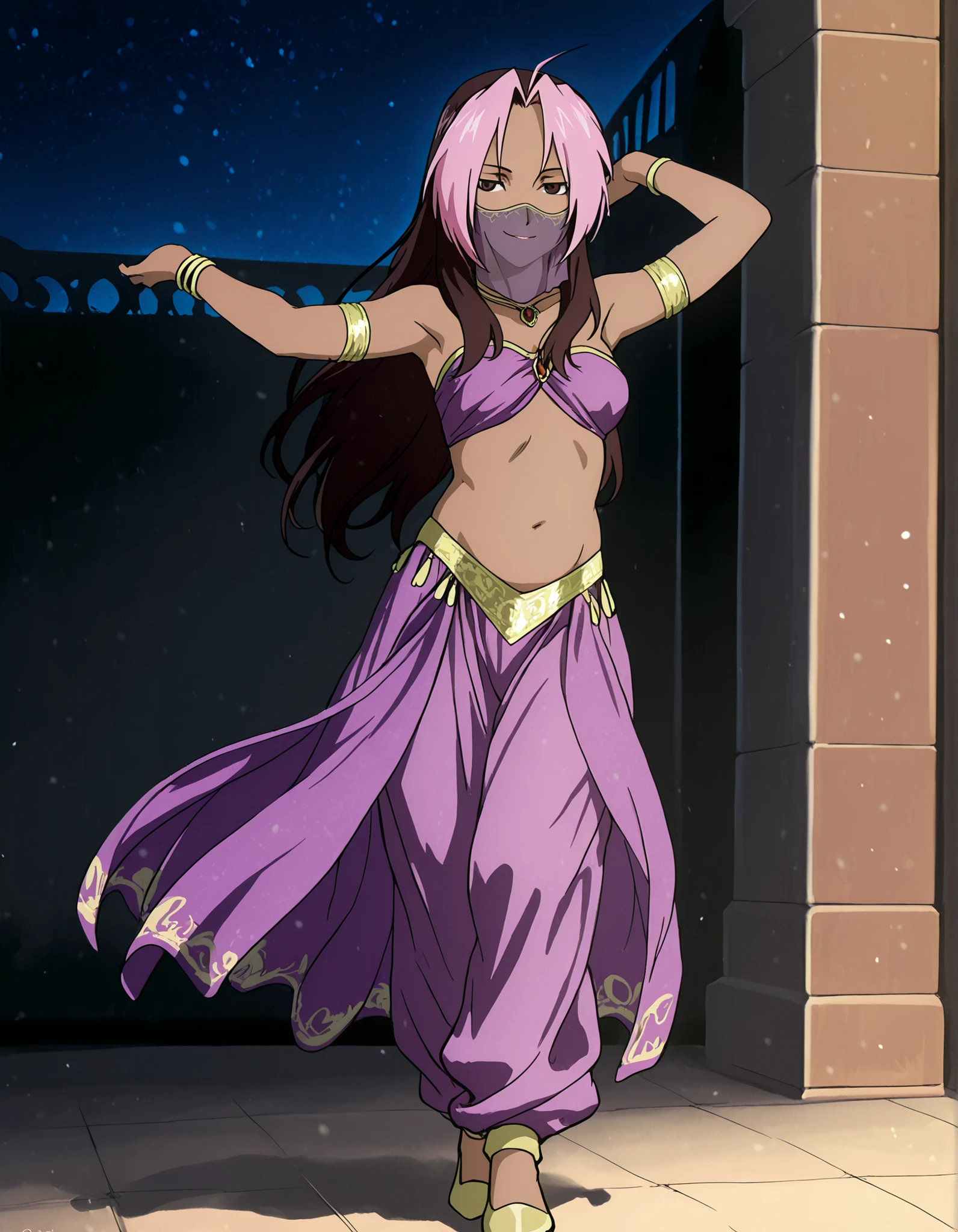 (1girl:1 . 5) , (Seul:1 . 5) , score_9 , score_8_haut , score_7_haut , source_anime , Official work , ultra-detailed , masterpiece , best quality , high resolution , beaux yeux , detailed eyes , Detailed face , beautiful detailed eyes,1girl,long hair, brown hair, pink hair, ahoge, multicolored hair, dark skin, two-tone hair, dark-skinned female, split-color hair, dyed bangs,FullMetal Alchemist,Rose Tomas,Arabian Clothes , Arabian Dancer Outfit ,belly dancer costume,belly dancer outfit ,full body,golden jewelery,mouth veil,armlet, belly dancing,night,arabian garden,seductive smile, dancing with veil, dynamic movement,dance posture, seductive pose