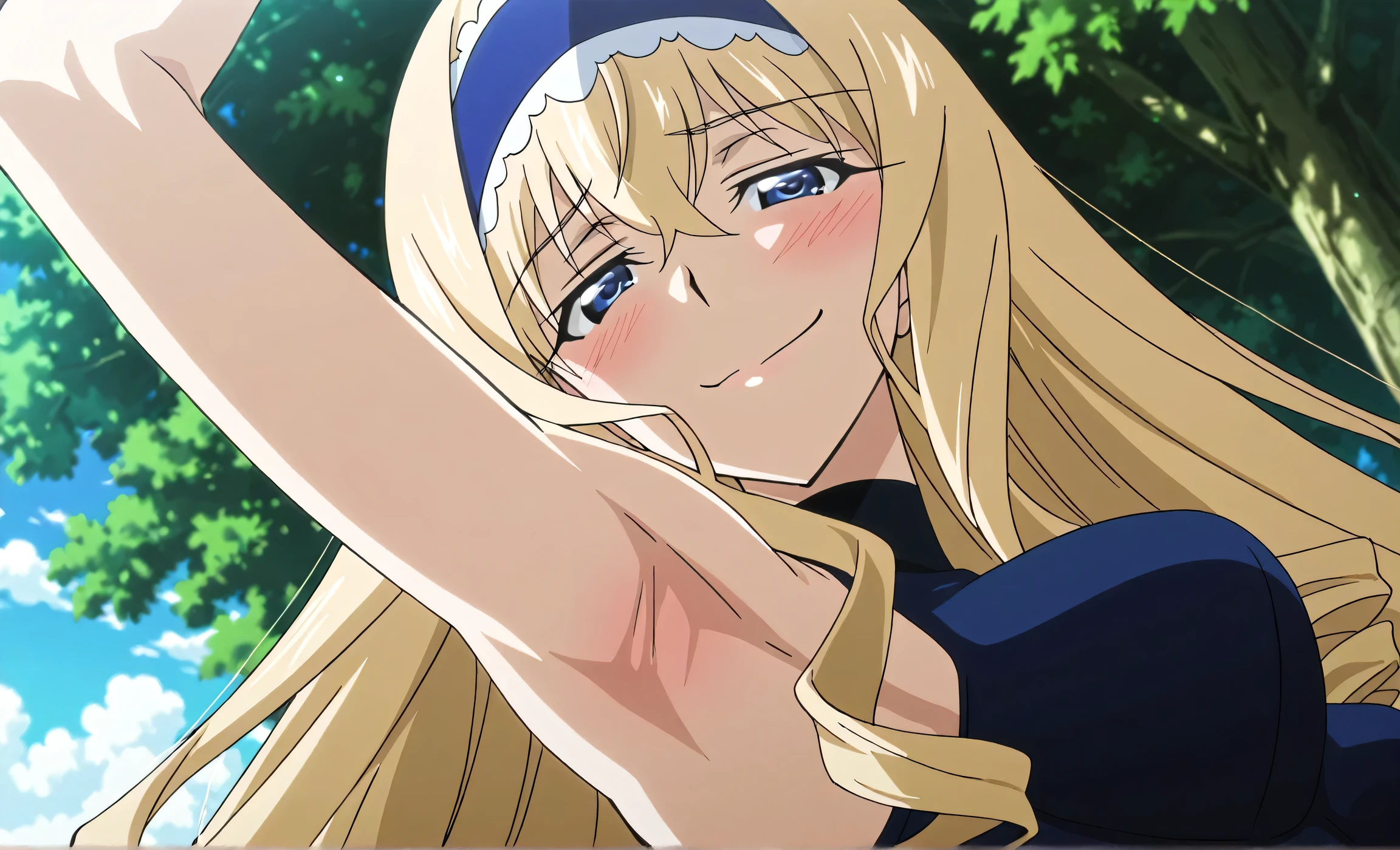 masterpiece, best quality, amazing quality, anime screencap, anime coloring, 1girl, solo, cecilia alcott, blonde hair, long hair, drill hair, blue eyes, medium breasts, blue hairband, frilled hairband, blue leotard, impossible leotard, sleeveless turtleneck leotard, skindentation, arm up, raised arm, armpit, armpit focus, head towards viewer, looking at viewer, seductive smile, smug, half-closed eyes, blush, confident, closed mouth, outdoors, day, from side, from below