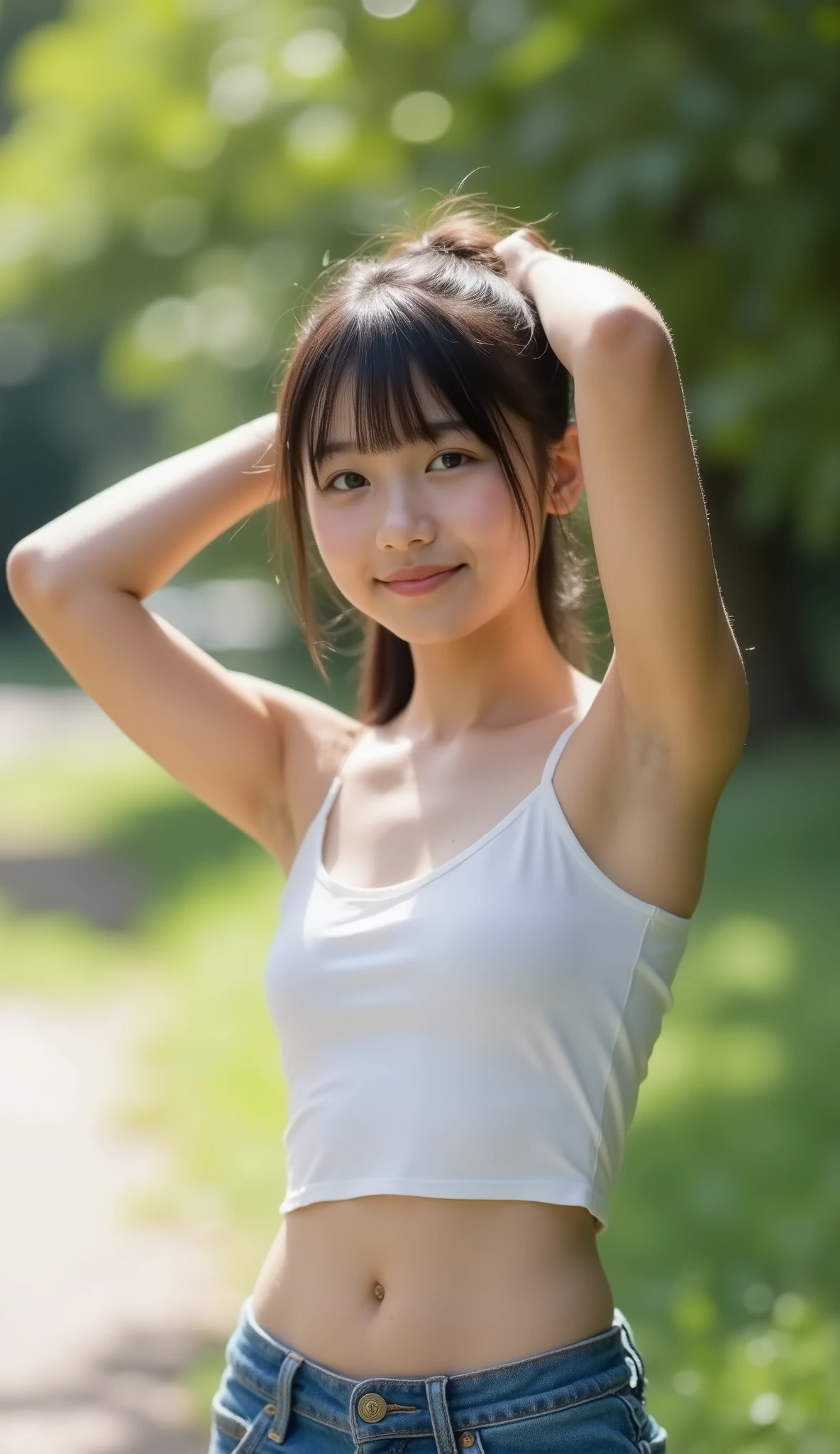 big eyes、smiling looking at the viewer、Cross your arms、The cutest middle school student in the world is standing with his head back、armpits、standing in the park、facing the front、standing in the park with hands raised above head、( She's a Middle School Student 、 in the park:1.8)、(8k、未加工 Picture 、Highest Quality、masterpiece:1.45)、A Cup Breasts、detailed face、cute faces getting creampied、dramatic scene 、shadow、upper body angle、 Portrait of a person 、 Art、 Picture 、Very Detailed、HDR、Ultra High Definition、studio lighting with a serious face、Ultra Precise Painting、clear focus、Physically Based Rendering、Exquisite expression 、Professional、bright color、Bokeh、((white extra thin tube top and blue low-rise denim shorts、wide décolletage、belly button out、and my stomach sticks out、base of leg and crotch、thighs))