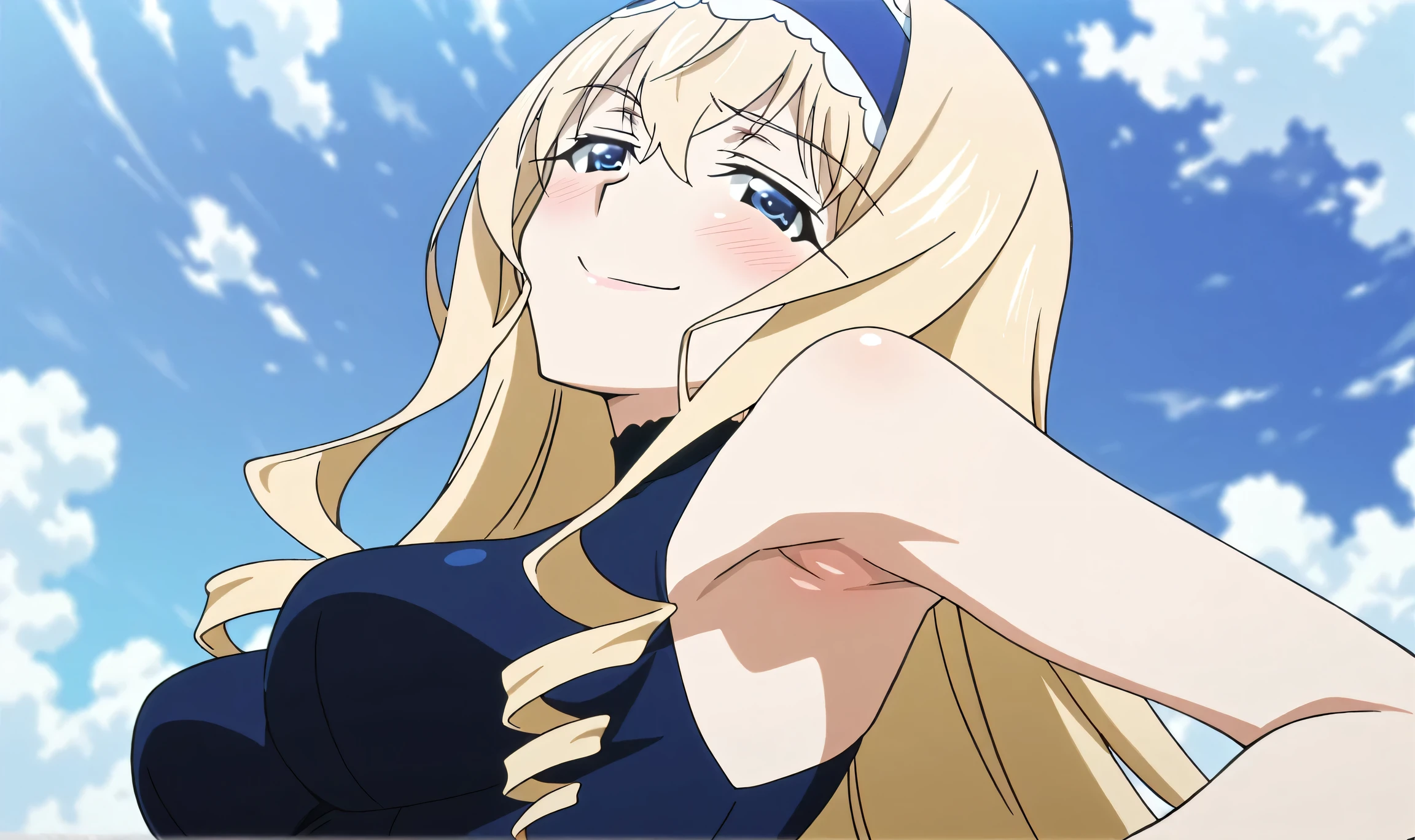 masterpiece, best quality, amazing quality, anime screencap, anime coloring, 1girl, solo, cecilia alcott, blonde hair, long hair, drill hair, blue eyes, medium breasts, blue hairband, frilled hairband, blue leotard, impossible leotard, sleeveless turtleneck leotard, skindentation, armpit, armpit focus, head towards viewer, looking at viewer, seductive smile, smug, half-closed eyes, blush, confident, closed mouth, outdoors, day, from side, from below