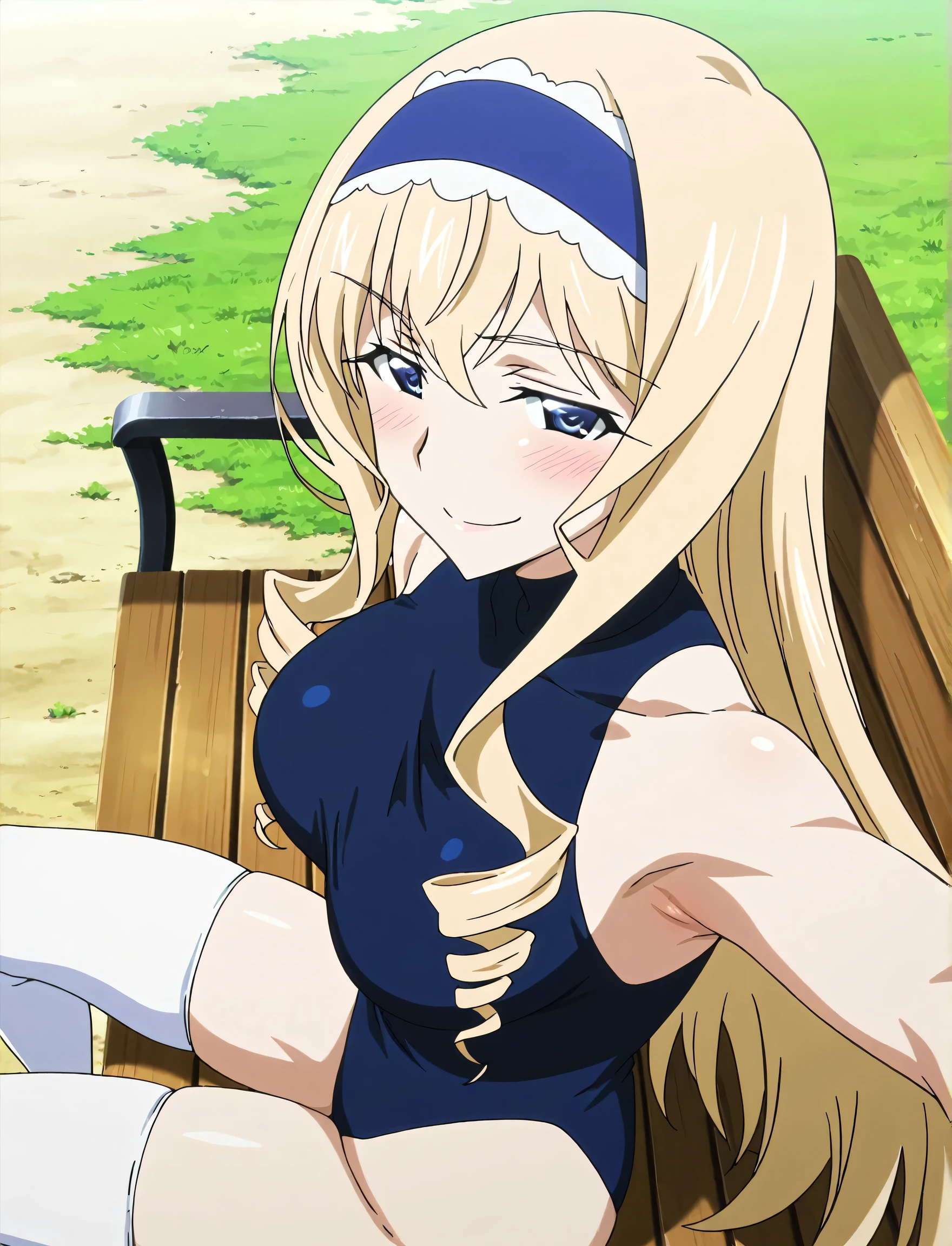 masterpiece, best quality, amazing quality, anime screencap, anime coloring, 1girl, solo, cecilia alcott, blonde hair, long hair, drill hair, blue eyes, medium breasts, blue hairband, frilled hairband, blue leotard, impossible leotard, sleeveless turtleneck leotard, skindentation, armpit, armpit focus, head towards viewer, looking at viewer, seductive smile, smug, half-closed eyes, blush, confident, closed mouth, outdoors, day, from side, from above, sitting on a bench, white thighhighs