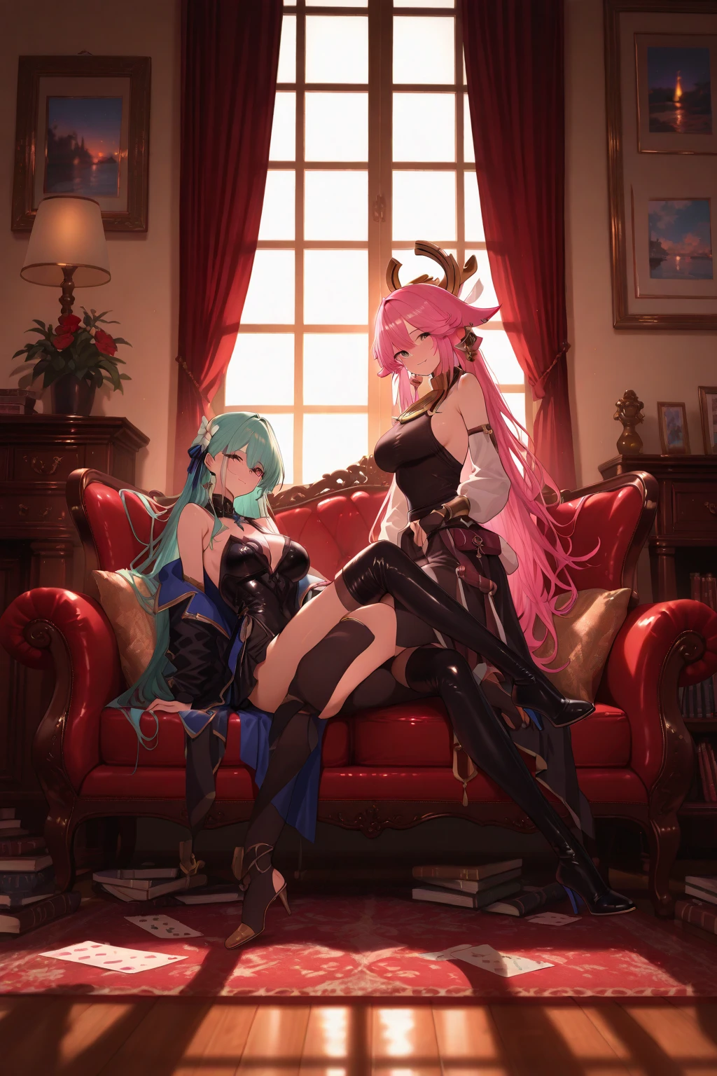 Photorealistic, 2 girls: [Scathach and Saber from FGO, Fate Grand Order, both girls wearing maid cosplay (Scathach wears purple, Saber wears blue or red), stockings and tights, garter belt, short skirt, high heels, long gloves, long hair, vivid lipstick], photo from head to toes, full body shot, seductive pose, inside the palace bedroom, shot from behind