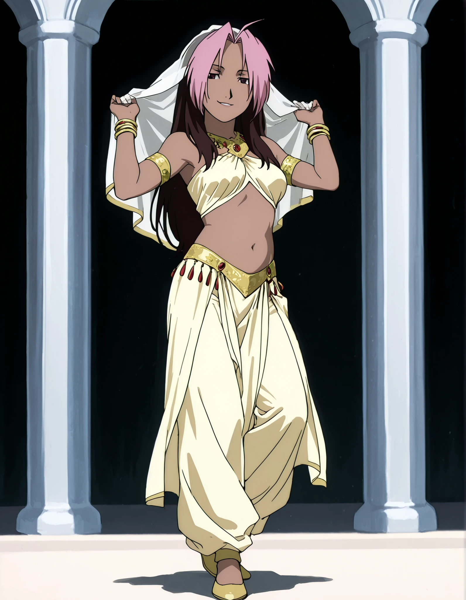 (1girl:1 . 5) , (Seul:1 . 5) , score_9 , score_8_haut , score_7_haut , source_anime , Official work  , ultra-detailed , masterpiece , best quality , high resolution , beaux yeux , detailed eyes , Detailed face , beautiful detailed eyes,1girl,long hair, brown hair, pink hair, ahoge, multicolored hair, dark skin, two-tone hair, dark-skinned female, split-color hair, dyed bangs,FullMetal Alchemist,Rose Tomas,Arabian Clothes , Arabian Dancer Outfit ,belly dancer costume,belly dancer outfit ,full body,golden jewelery,armlet, belly dancing,arabian garden,seductive smile, dancing with veil, dynamic movement,dance posture, seductive pose