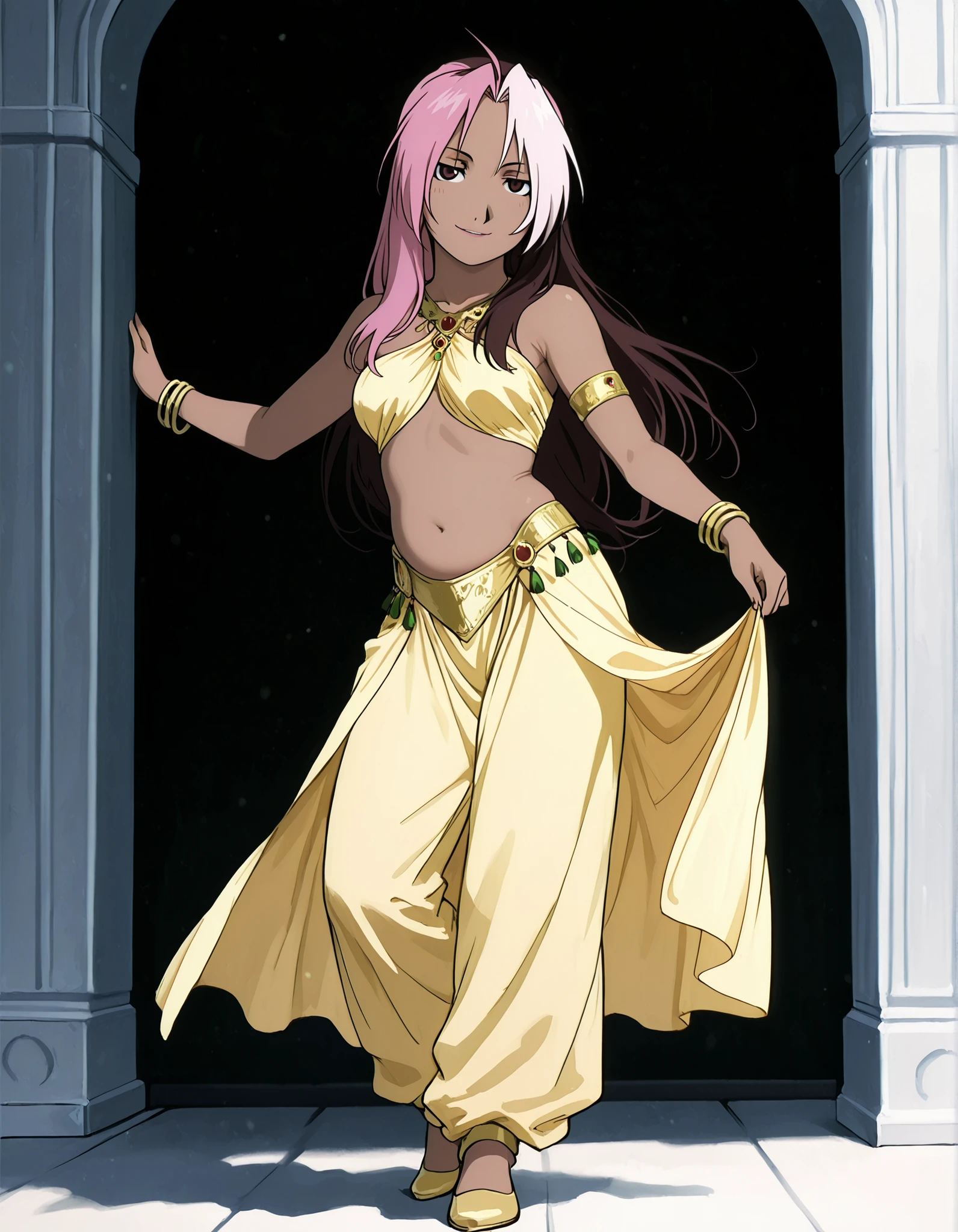 (1girl:1 . 5) , (Seul:1 . 5) , score_9 , score_8_haut , score_7_haut , source_anime , Official work  , ultra-detailed , masterpiece , best quality , high resolution , beaux yeux , detailed eyes , Detailed face , beautiful detailed eyes,1girl,long hair, brown hair, pink hair, ahoge, multicolored hair, dark skin, two-tone hair, dark-skinned female, split-color hair, dyed bangs,FullMetal Alchemist,Rose Tomas,Arabian Clothes , Arabian Dancer Outfit ,belly dancer costume,belly dancer outfit ,full body,golden jewelery,armlet, belly dancing,arabian garden,seductive smile, dancing with veil, dynamic movement,dance posture, seductive pose
