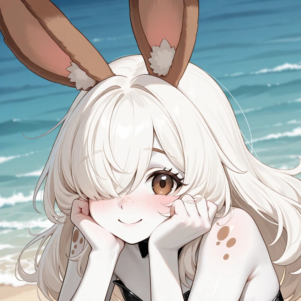 Small,  tan marks, sun tan,  seal, tan marks, huge thighs, rabbit ears, small, thick eyebrows, healthy whole body, evil smile, beautiful blonde, full body focus, (masterpiece), ((best quality)), (super detailed), one girl, solo, (beautiful eyes)), beautiful detailed eyes, clean and detailed face, five fingers, textile shading, perfect ,