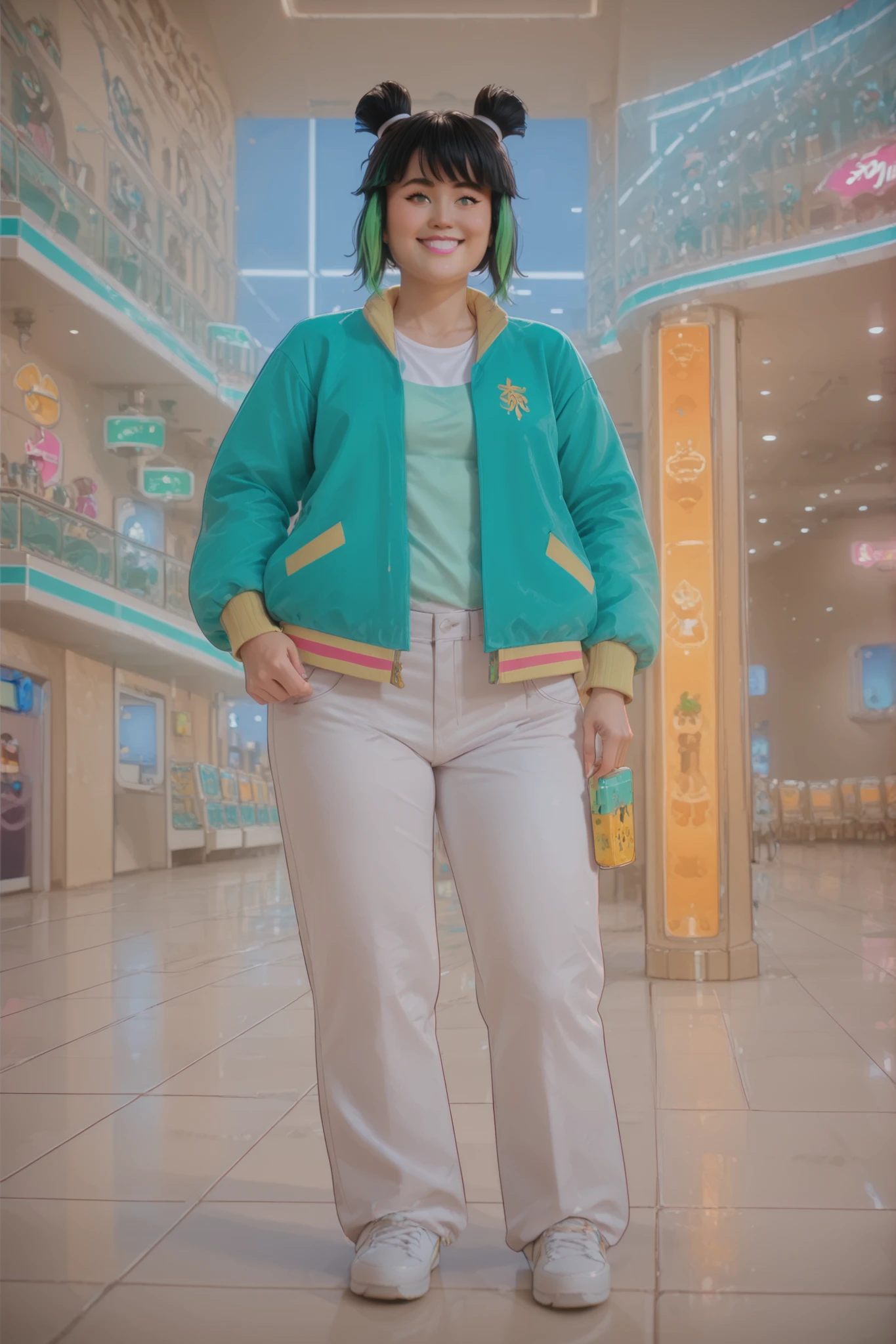 masterpiece, best quality, 1girl, solo, straight bangs, pale pink lipstick,, short chin-length black hair with two small pigtails, Mei lmk, two dyed green highlights framing her face, white shirt and pants, green and white jacket, full body, smile, outdoors, mall