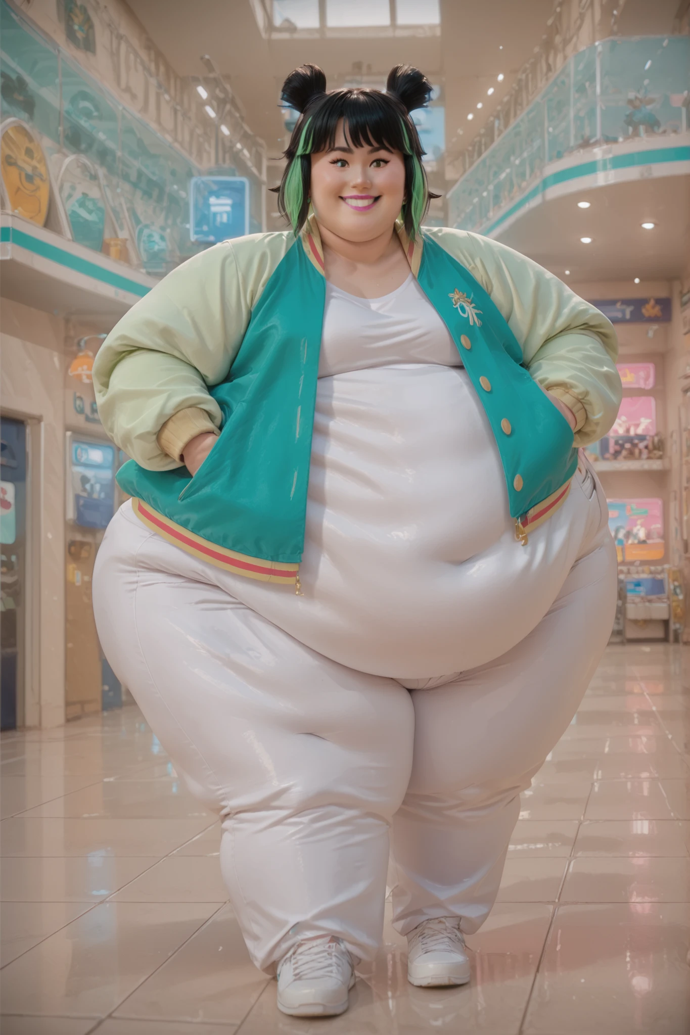 masterpiece, best quality, 1girl, solo, straight bangs, pale pink lipstick,, short chin-length black hair with two small pigtails, Mei lmk, two dyed green highlights framing her face, white shirt and pants, green and white jacket, full body, hyper fat, hyper obese, smile, outdoors, mall