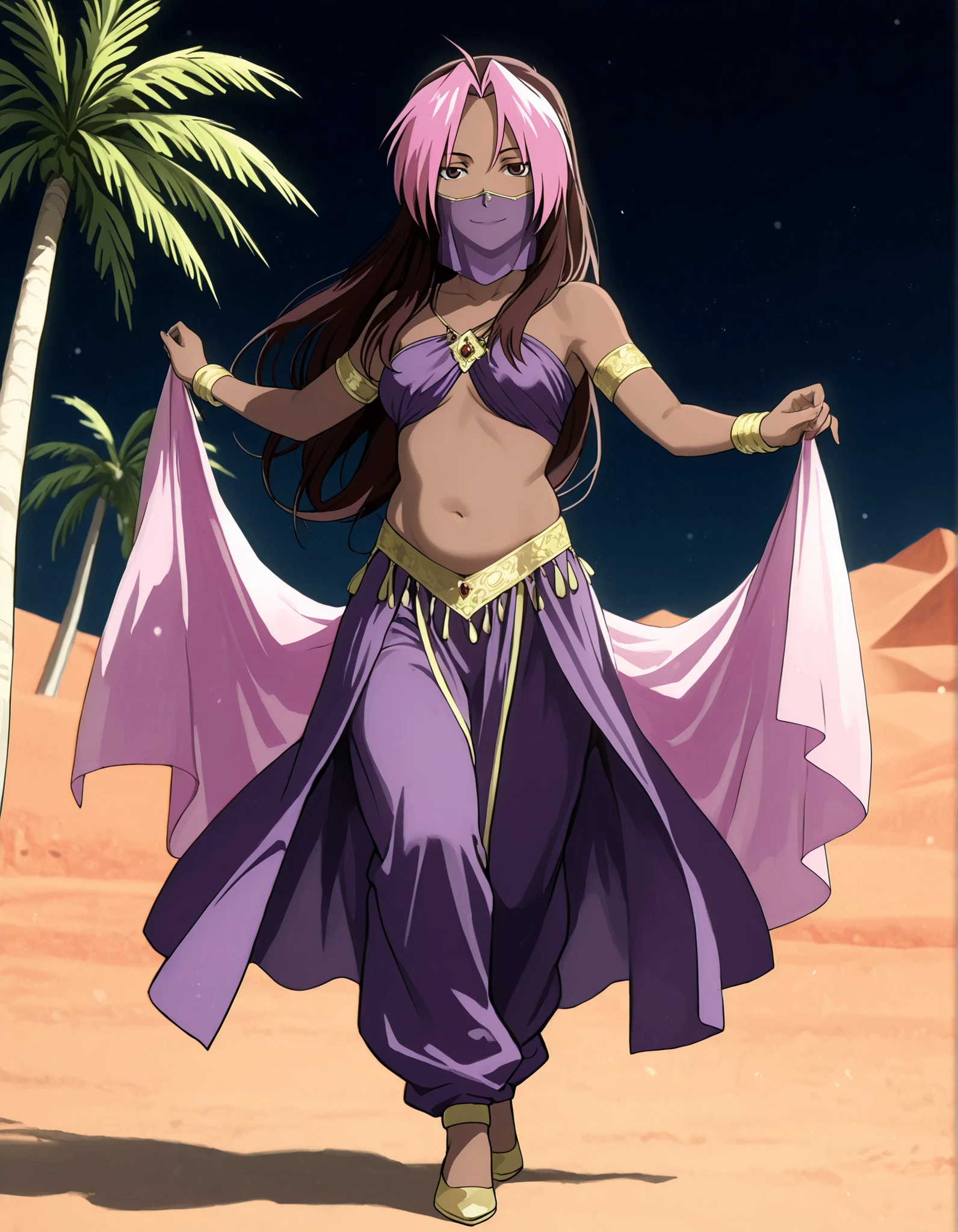 (1girl:1 . 5) , (Seul:1 . 5) , score_9 , score_8_haut , score_7_haut , source_anime , Official work  , ultra-detailed , masterpiece , best quality , high resolution , beaux yeux , detailed eyes , Detailed face , beautiful detailed eyes,1girl,long hair, brown hair, pink hair, ahoge, multicolored hair, dark skin, two-tone hair, dark-skinned female, split-color hair, dyed bangs,FullMetal Alchemist,Rose Tomas,Arabian Clothes , Arabian Dancer Outfit ,belly dancer costume,belly dancer outfit ,full body,golden jewelery,mouth veil,armlet, belly dancing,night,desert lands,palm tree,seductive smile, dancing with veil, dynamic movement,dance posture, seductive pose