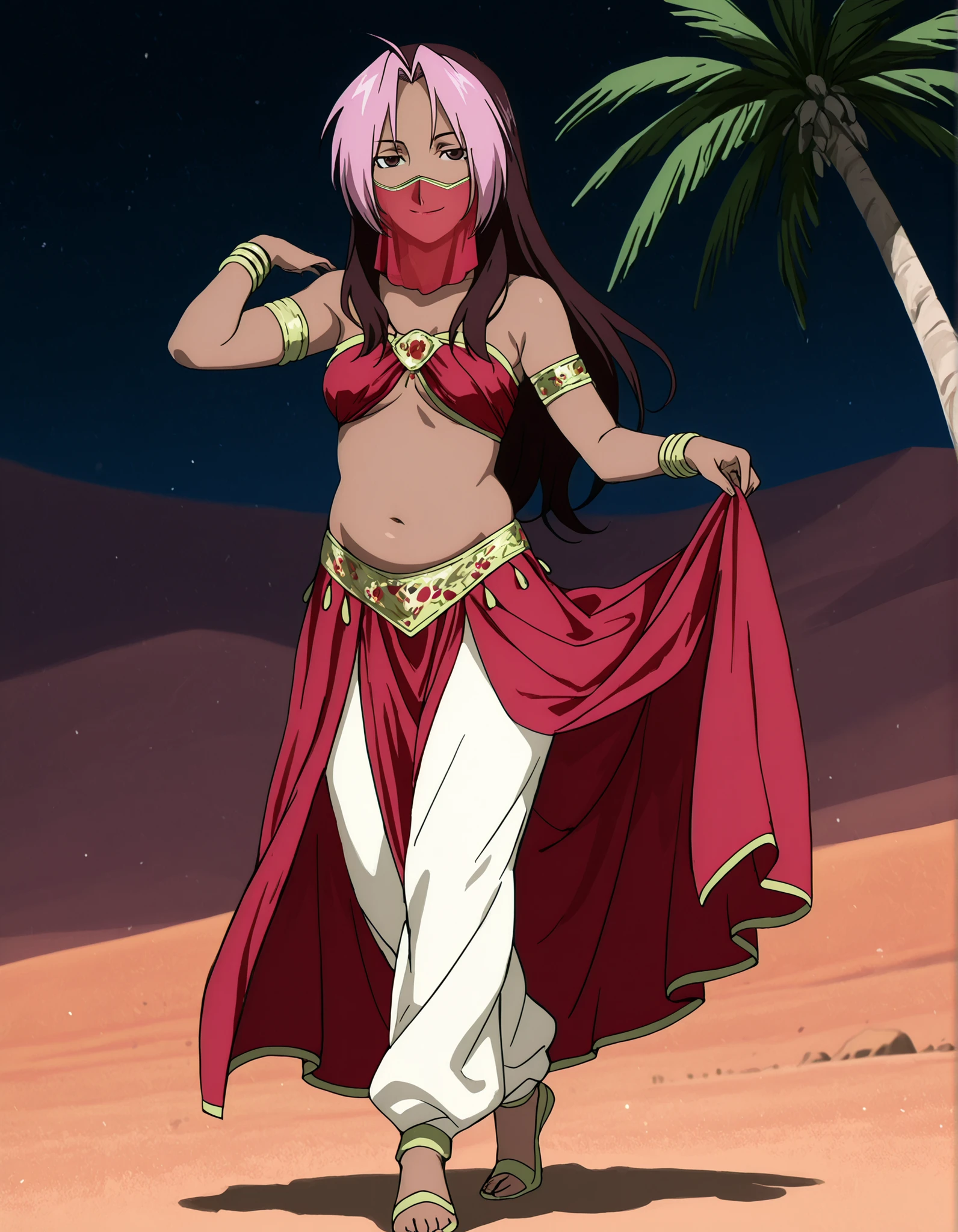(1girl:1 . 5) , (Seul:1 . 5) , score_9 , score_8_haut , score_7_haut , source_anime , Official work , ultra-detailed , masterpiece , best quality , high resolution , beaux yeux , detailed eyes , Detailed face , beautiful detailed eyes,1girl,long hair, brown hair, pink hair, ahoge, multicolored hair, dark skin, two-tone hair, dark-skinned female, split-color hair, dyed bangs,FullMetal Alchemist,Rose Tomas,Arabian Clothes , Arabian Dancer Outfit ,belly dancer costume,belly dancer outfit ,full body,golden jewelery,mouth veil,armlet, belly dancing,night,desert lands,palm tree,seductive smile, dancing with veil, dynamic movement,dance posture, seductive pose