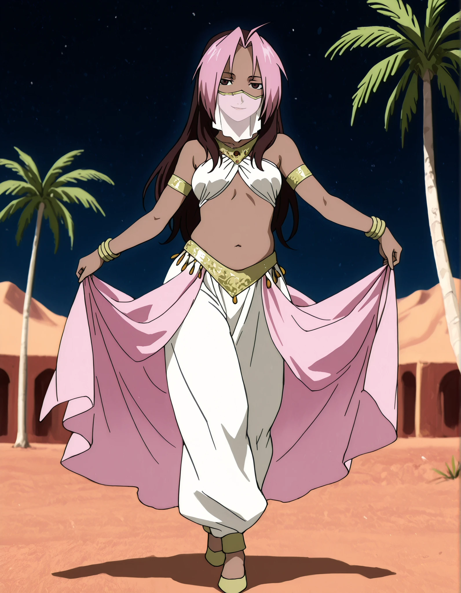 (1girl:1 . 5) , (Seul:1 . 5) , score_9 , score_8_haut , score_7_haut , source_anime , Official work  , ultra-detailed , masterpiece , best quality , high resolution , beaux yeux , detailed eyes , Detailed face , beautiful detailed eyes,1girl,long hair, brown hair, pink hair, ahoge, multicolored hair, dark skin, two-tone hair, dark-skinned female, split-color hair, dyed bangs,FullMetal Alchemist,Rose Tomas,Arabian Clothes , Arabian Dancer Outfit ,belly dancer costume,belly dancer outfit ,full body,golden jewelery,mouth veil,armlet, belly dancing,night,desert lands,palm tree,seductive smile, dancing with veil, dynamic movement,dance posture, seductive pose