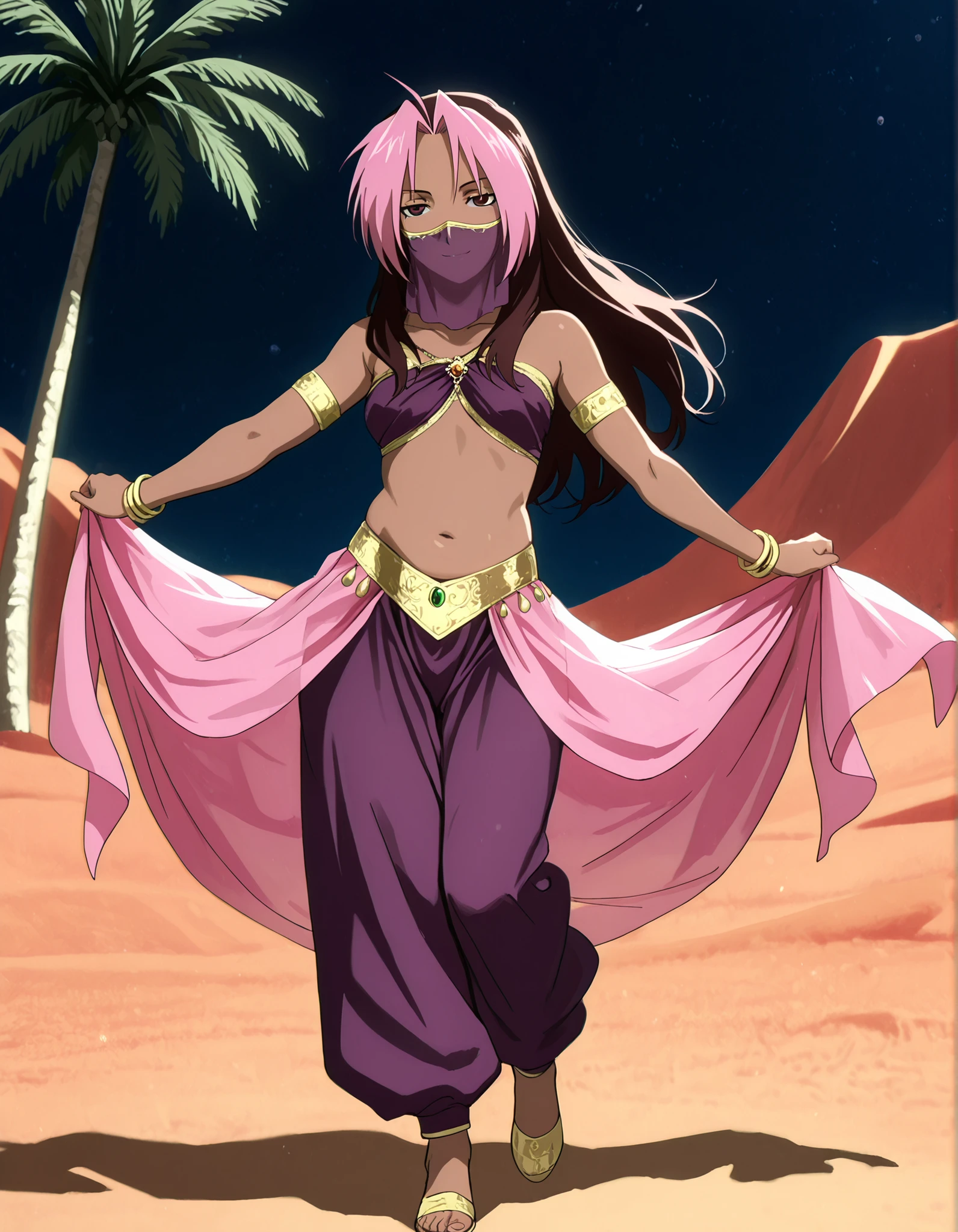 (1girl:1 . 5) , (Seul:1 . 5) , score_9 , score_8_haut , score_7_haut , source_anime , Official work  , ultra-detailed , masterpiece , best quality , high resolution , beaux yeux , detailed eyes , Detailed face , beautiful detailed eyes,1girl,long hair, brown hair, pink hair, ahoge, multicolored hair, dark skin, two-tone hair, dark-skinned female, split-color hair, dyed bangs,FullMetal Alchemist,Rose Tomas,Arabian Clothes , Arabian Dancer Outfit ,belly dancer costume,belly dancer outfit ,full body,golden jewelery,mouth veil,armlet, belly dancing,night,desert lands,palm tree,seductive smile, dancing with veil, dynamic movement,dance posture, seductive pose
